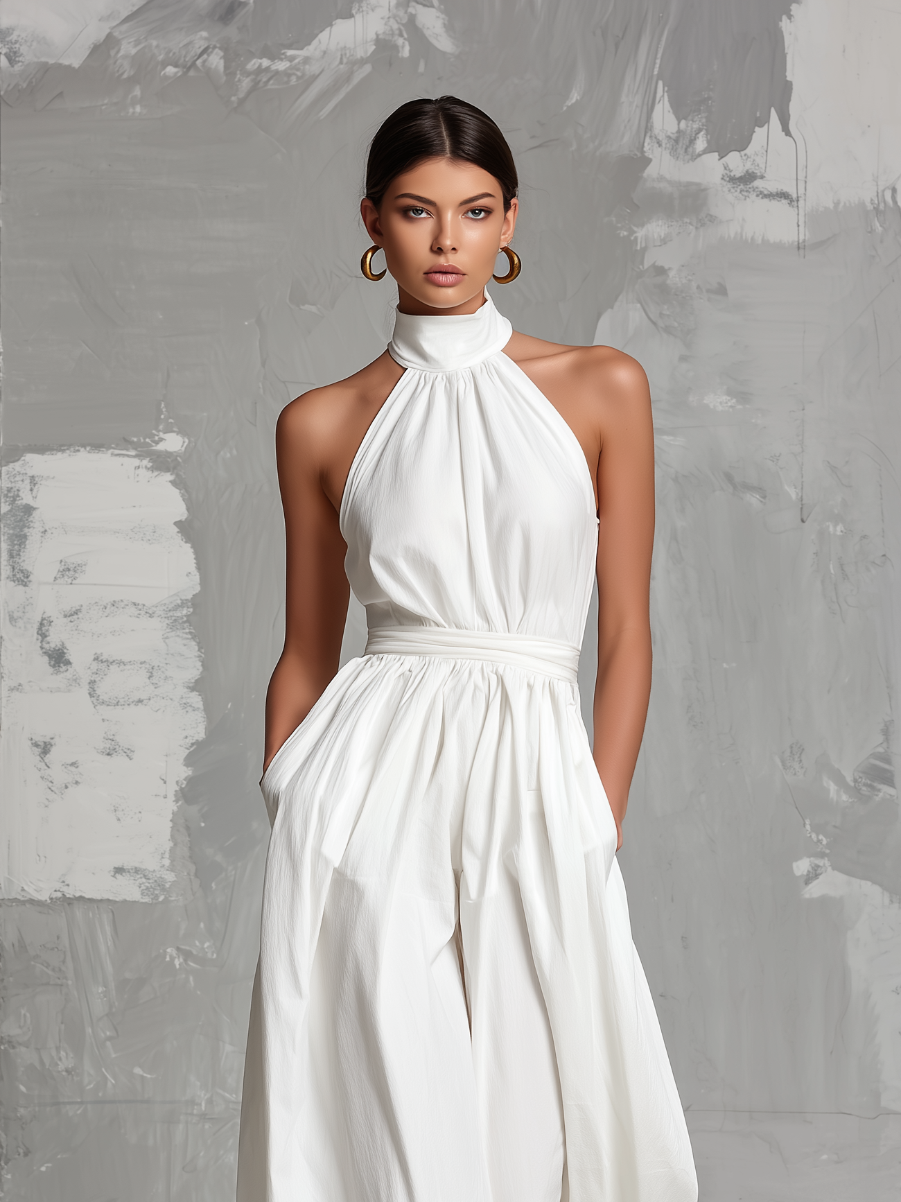 Elegant Summer Dress for Women in White, with Sleeveless Halter Neck MDZ0554A3AN