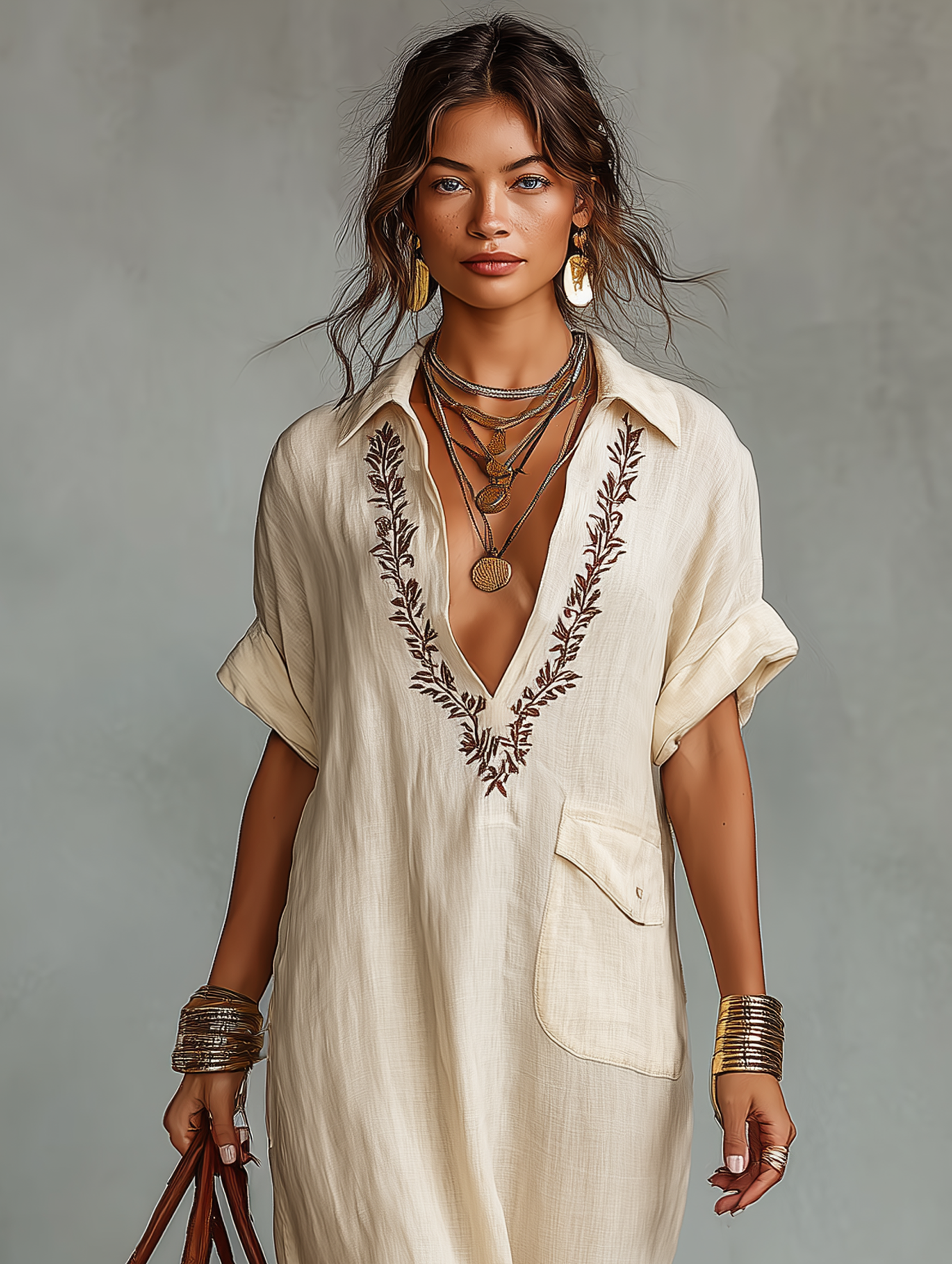 Short Sleeve Maxi Dresses for Women in Minimalist Design Made of Combined Linen MDZ0600A1Y