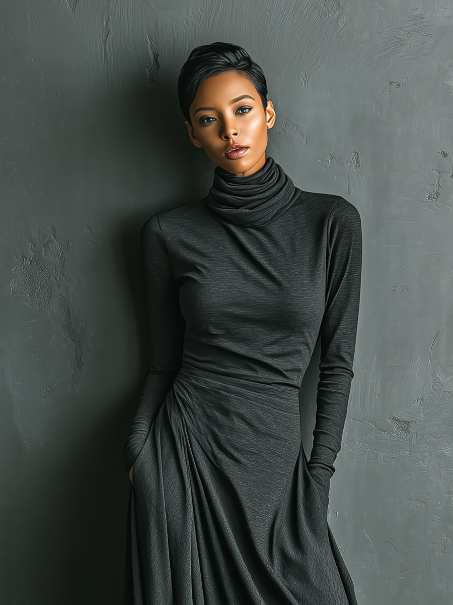 Women's Anthracite Maxi Dress with High Collar Made of Elegant Poly-Cotton Fabric MDA1727J1I