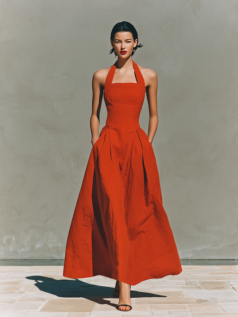 Red Women's Maxi Dresses Made of Linen with Halter Neckline and Pleated Skirt, Elegant and Inspiring Vacation Dress MDZ2016C7I
