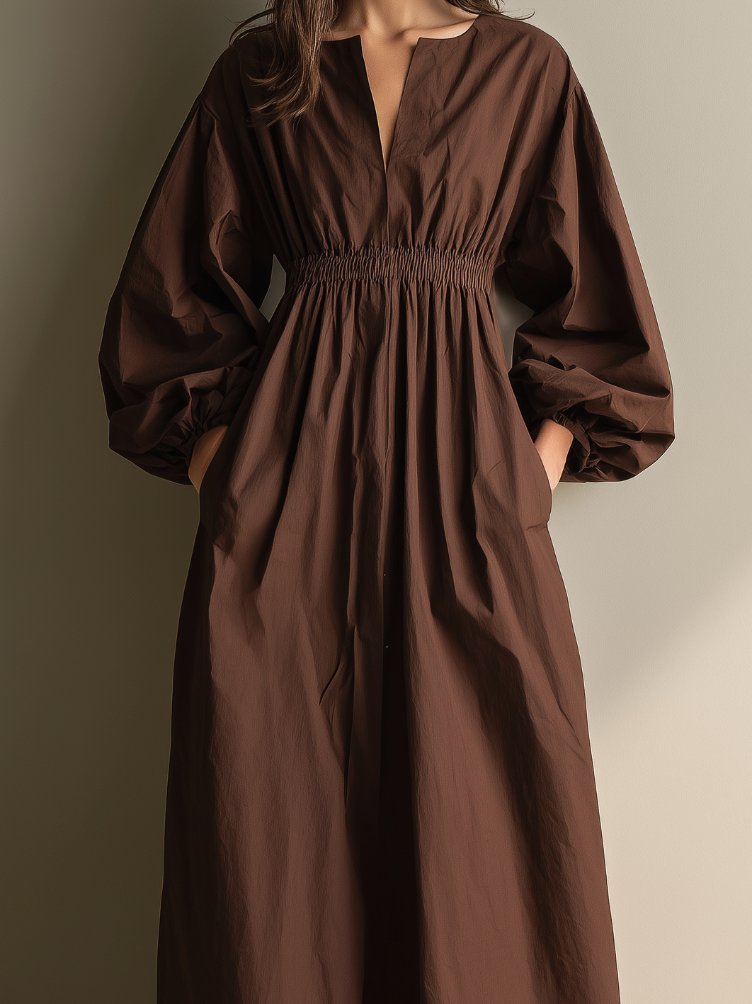 Brown Maxi Dresses for Women Made of Cotton and Linen with V-Neck and Long Sleeves, with Elastic Waist MDZ1295A0AN