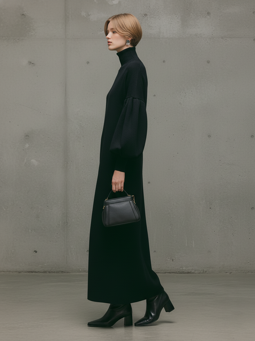Modern Maxi Dress for Women with Black Turtleneck and Puff Sleeves MDA1503L6AU