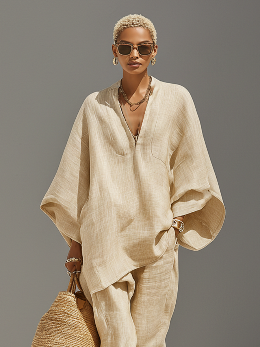 Neutral Linen Set for Women with Asymmetrical Edges and Minimalist Design, Sophisticated Everyday-Elegant Style MDZ0501B3I