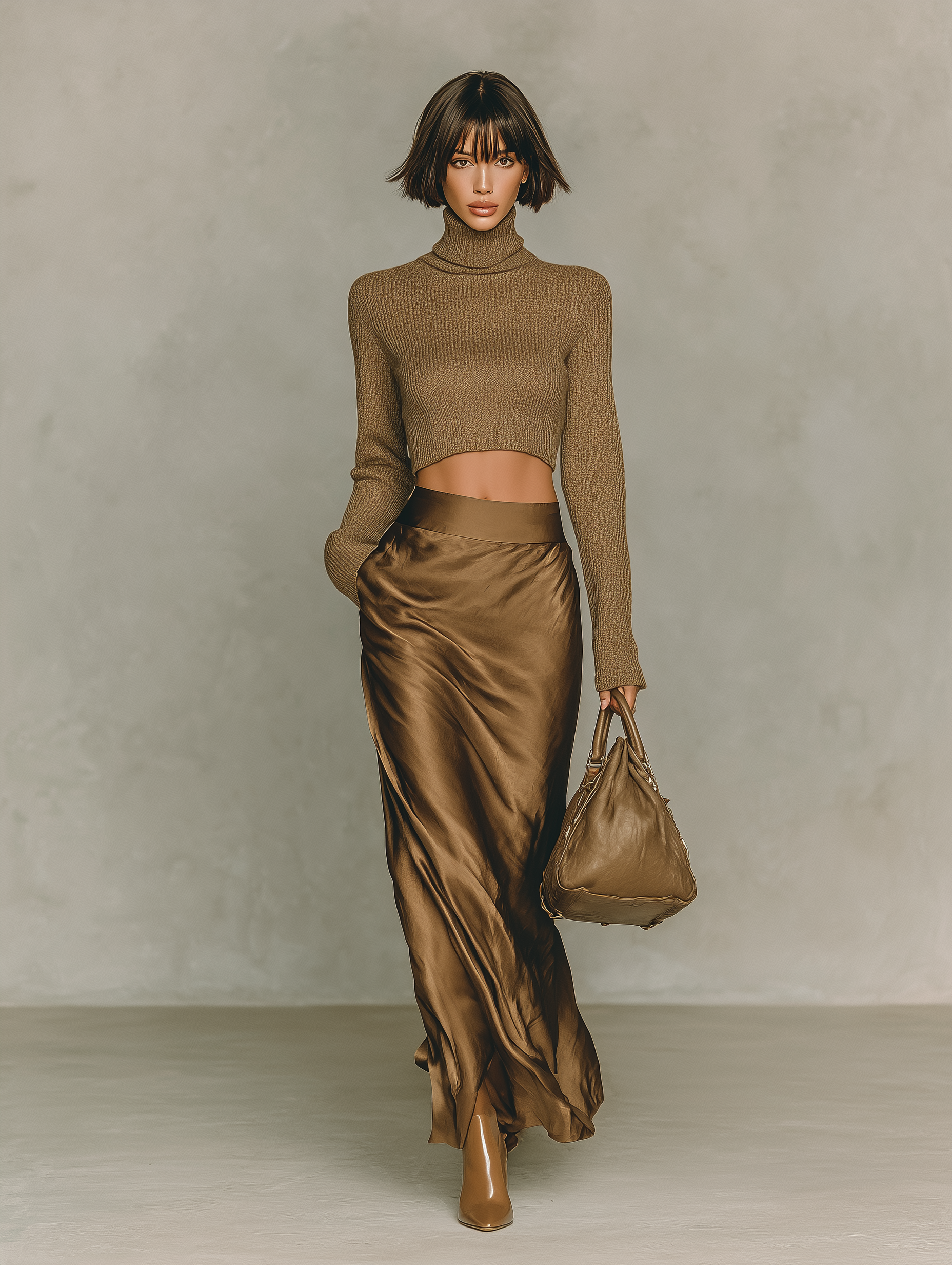 Stylish women's t-shirt in gold-brown with a high collar, long sleeves, combined with a satin midi skirt MDA0982L5AN
