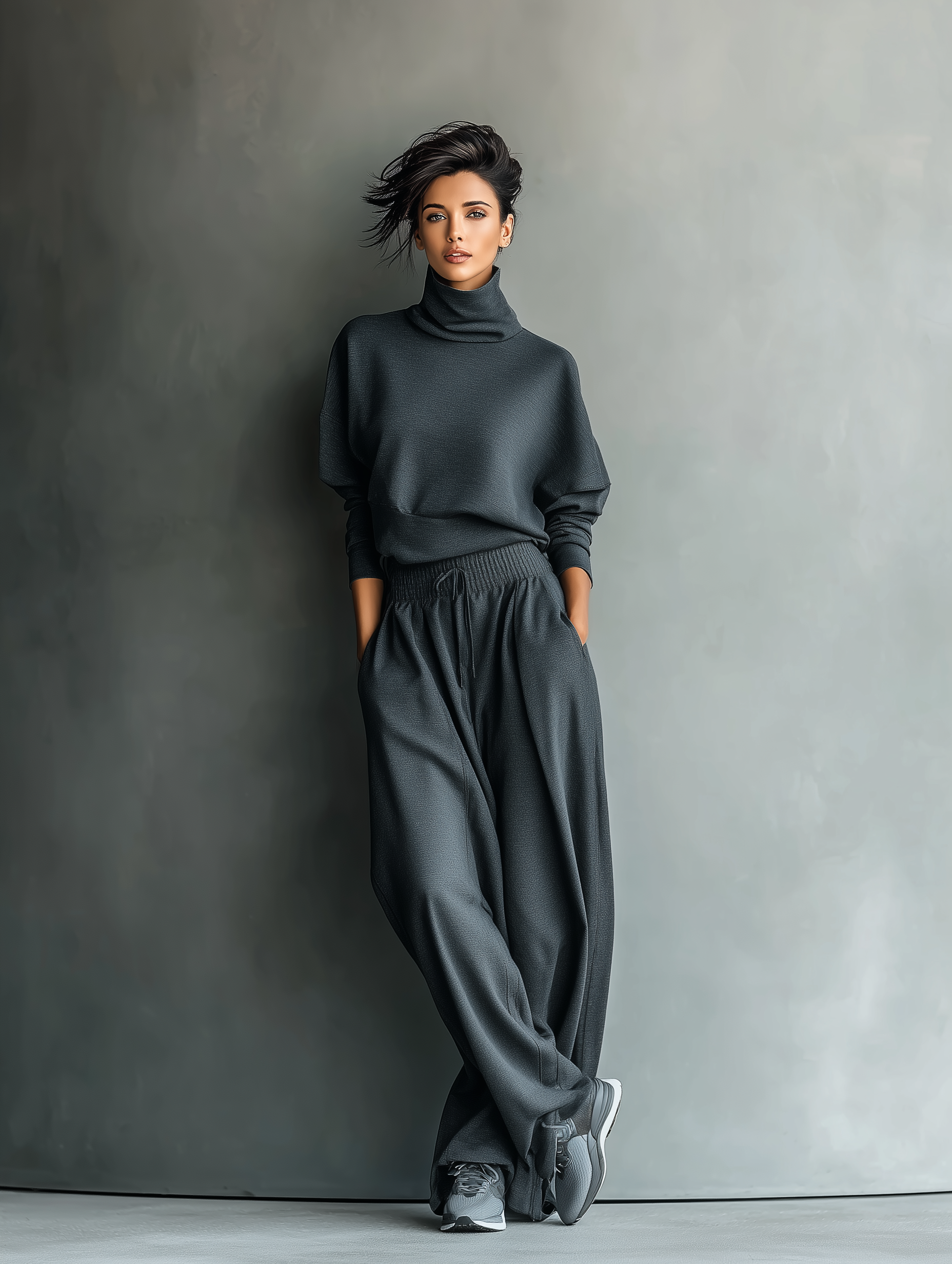 Large Top Set with Turtleneck and Wide Pants for Women in Anthracite Knit Fabric MDA2435L7T