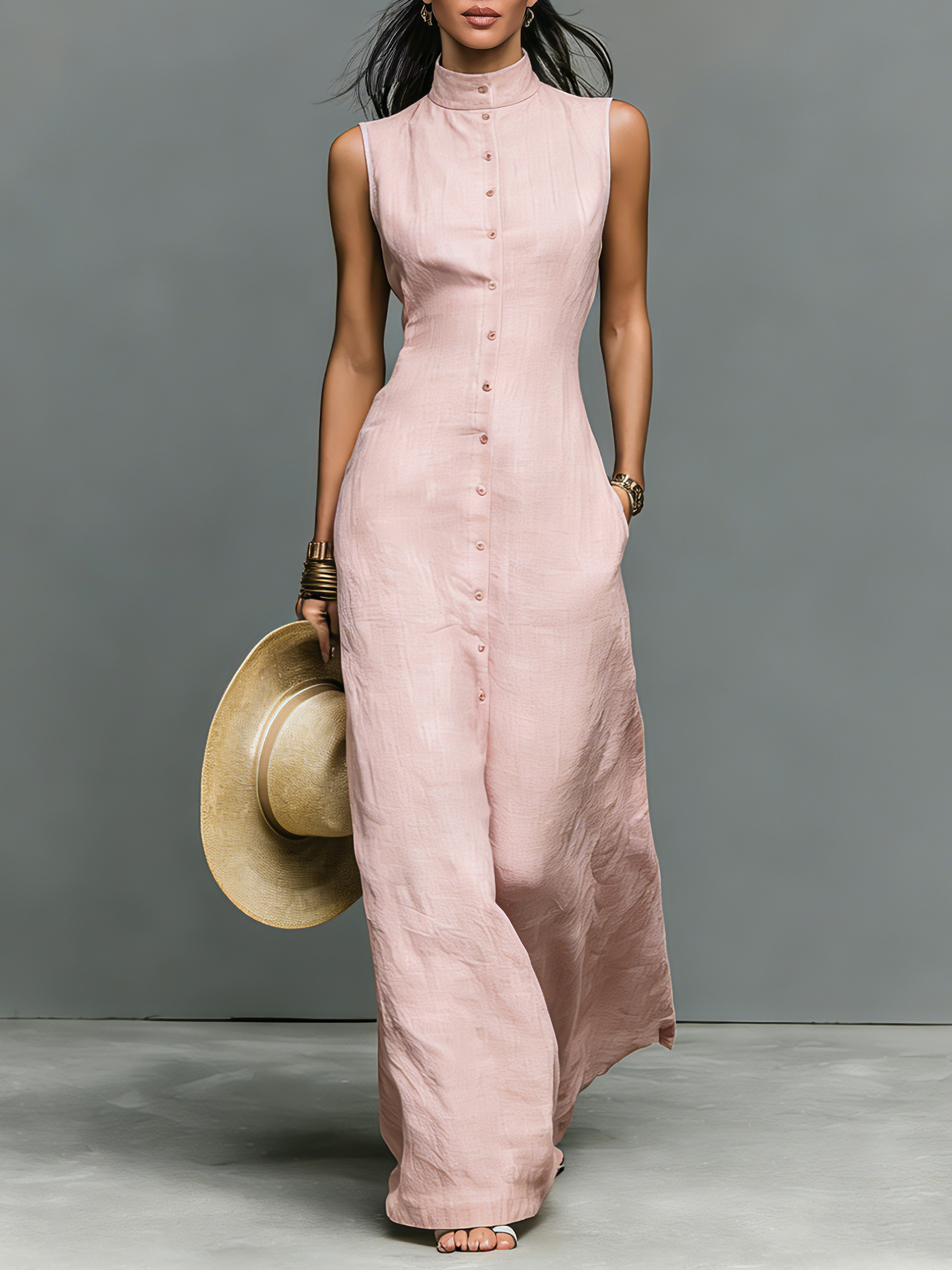 Maxi Dresses for Women in Minimalist Style with Stand Collar and One Closure MDZ1049C1Y
