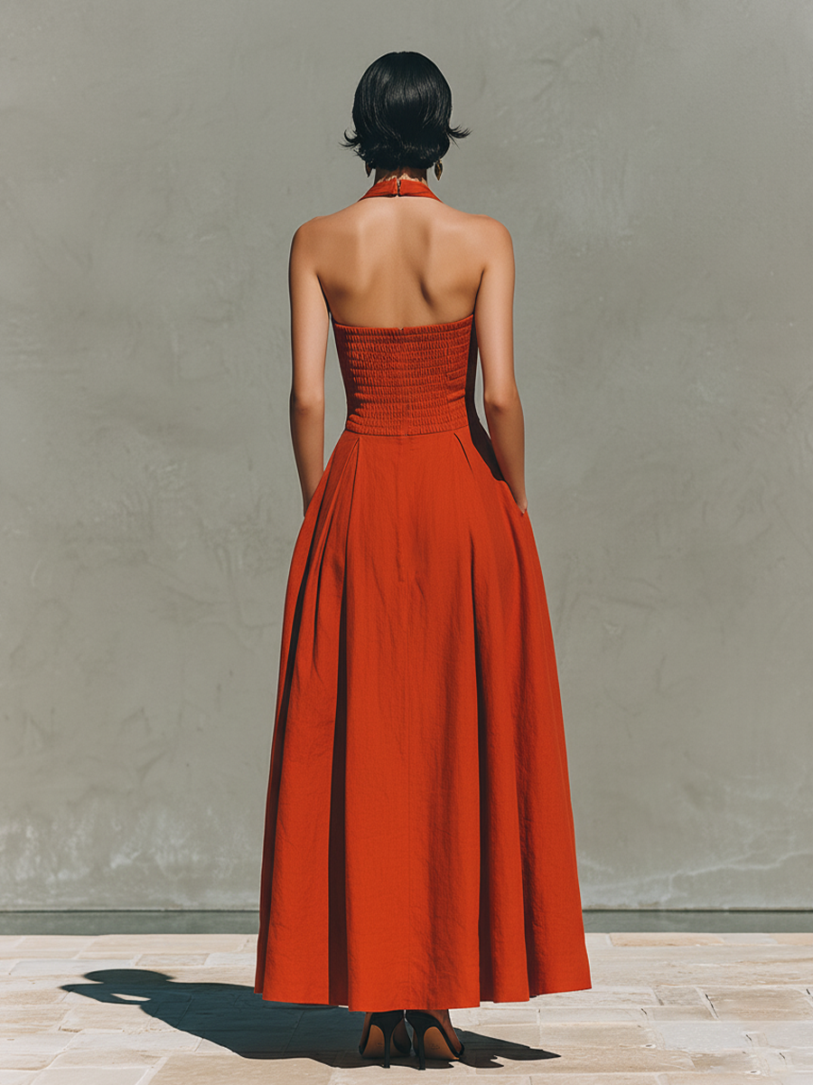 Red Women's Maxi Dresses Made of Linen with Halter Neckline and Pleated Skirt, Elegant and Inspiring Vacation Dress MDZ2016C7I