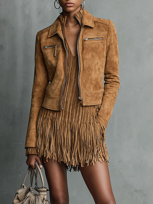 Women's Suede Leather Jacket with Collar and Zipper MDA2545H7Y