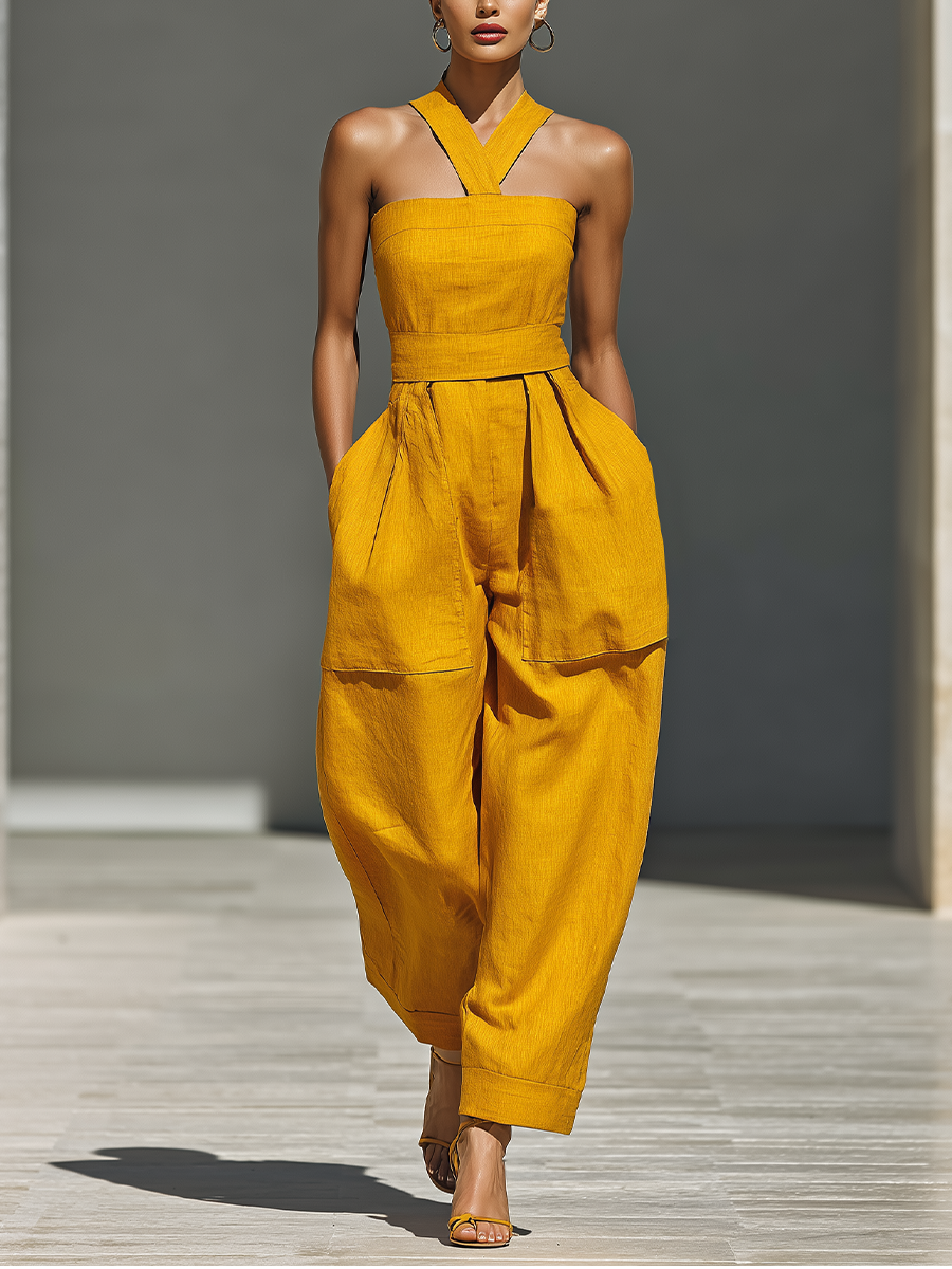 Women's Mustard Suit with Crossed Collar and Loose Pants MDZ2808B6T