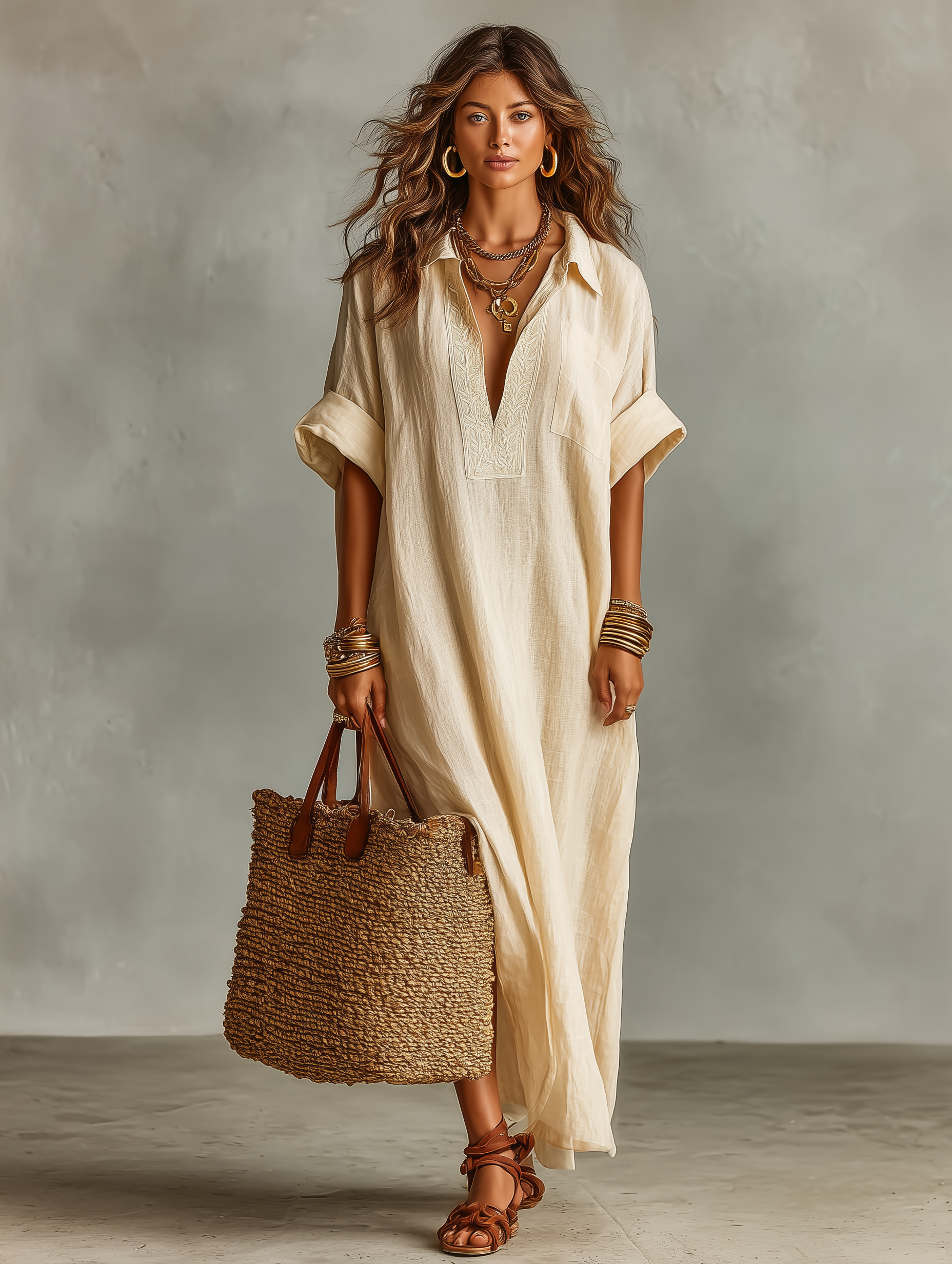 Short Sleeve Maxi Dresses with Embroidery for Women in Minimalist Style