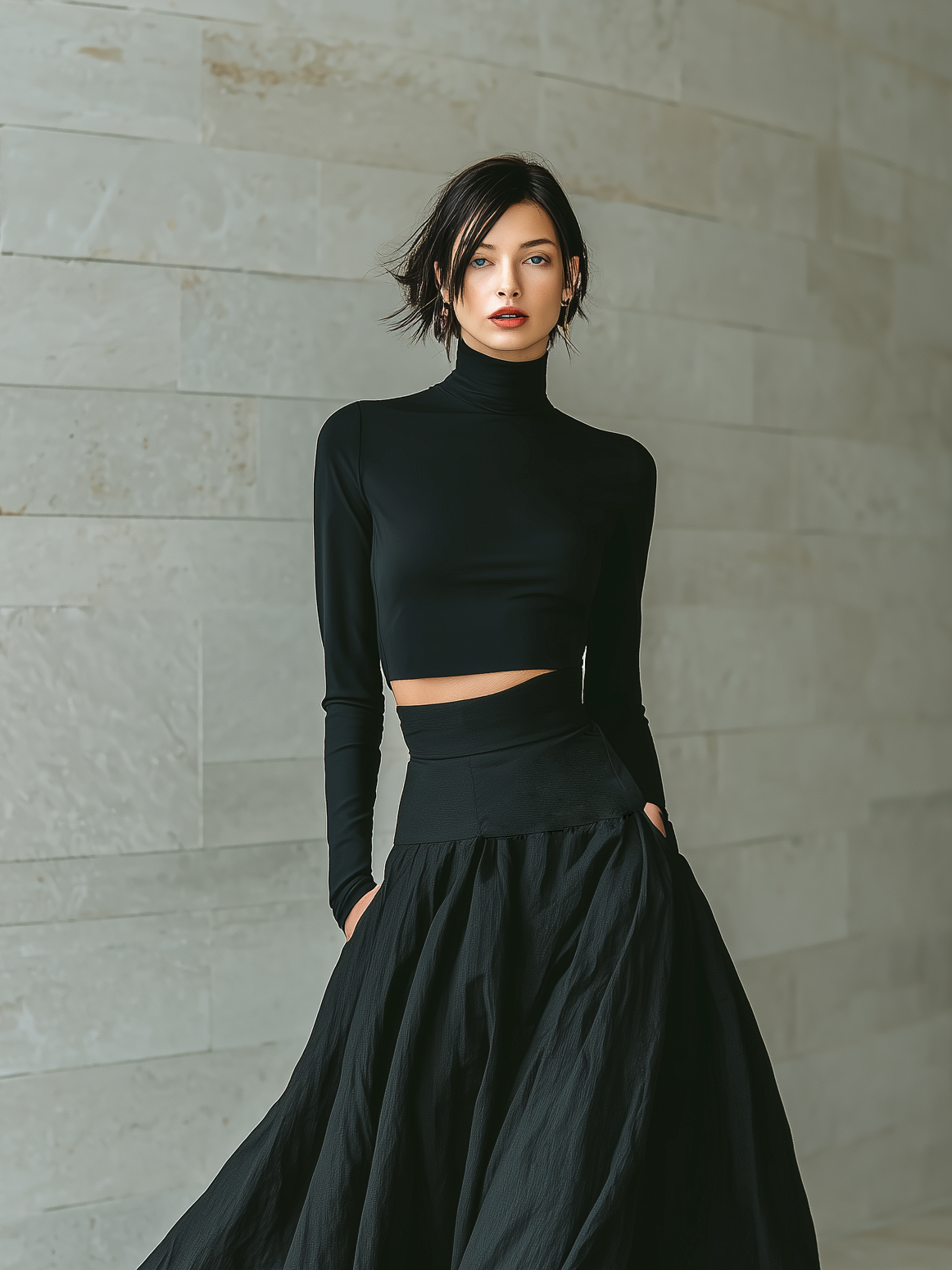 Fashionable and Elegant Women's Black T-Shirt with High Collar, Long Sleeves, Cropped, Paired with a Long Black Skirt MDA2692K3AN