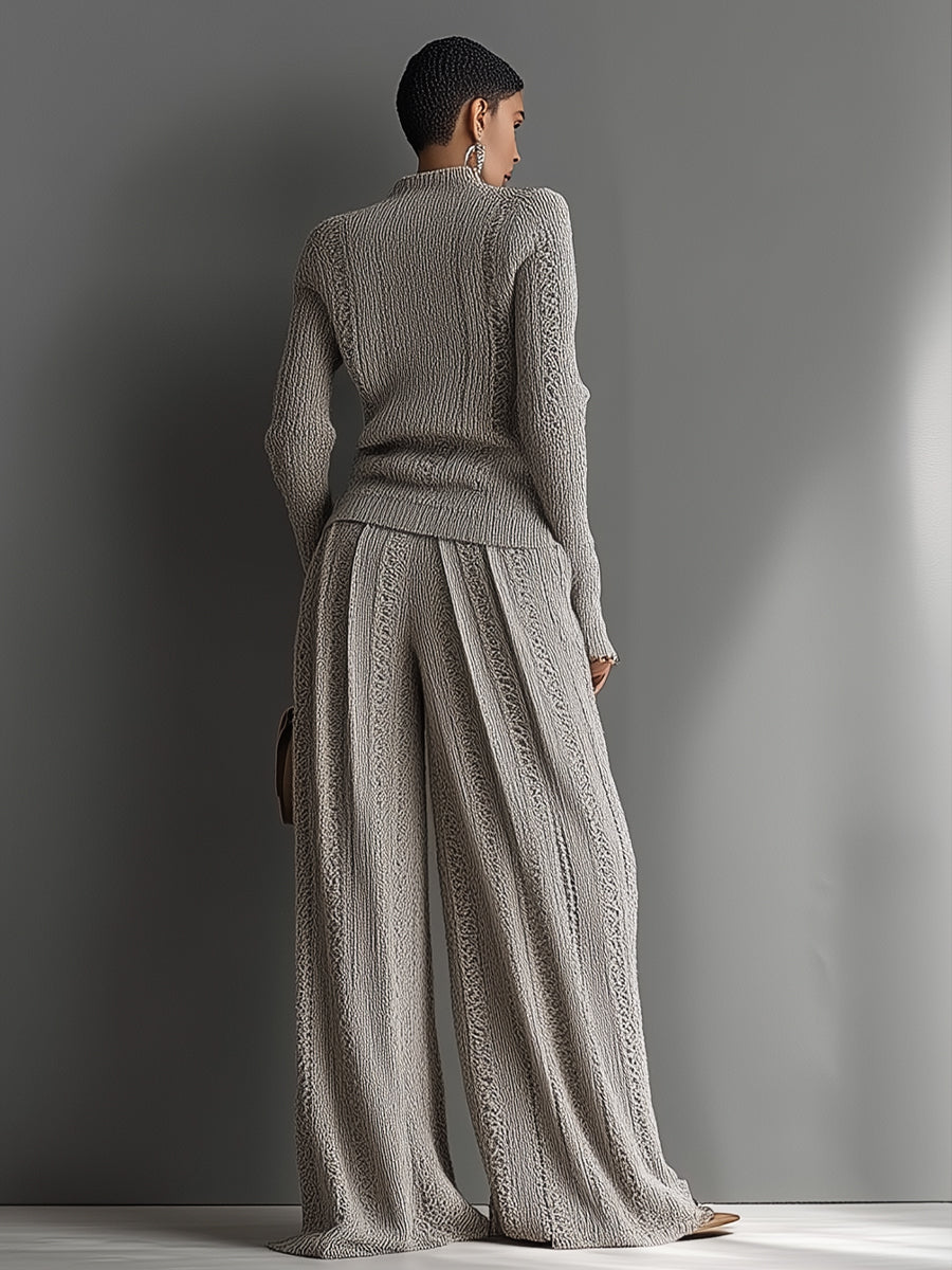 Elegant Textured Sweater Set in Top Color for Women with Wide Pants - MDA1453H6I