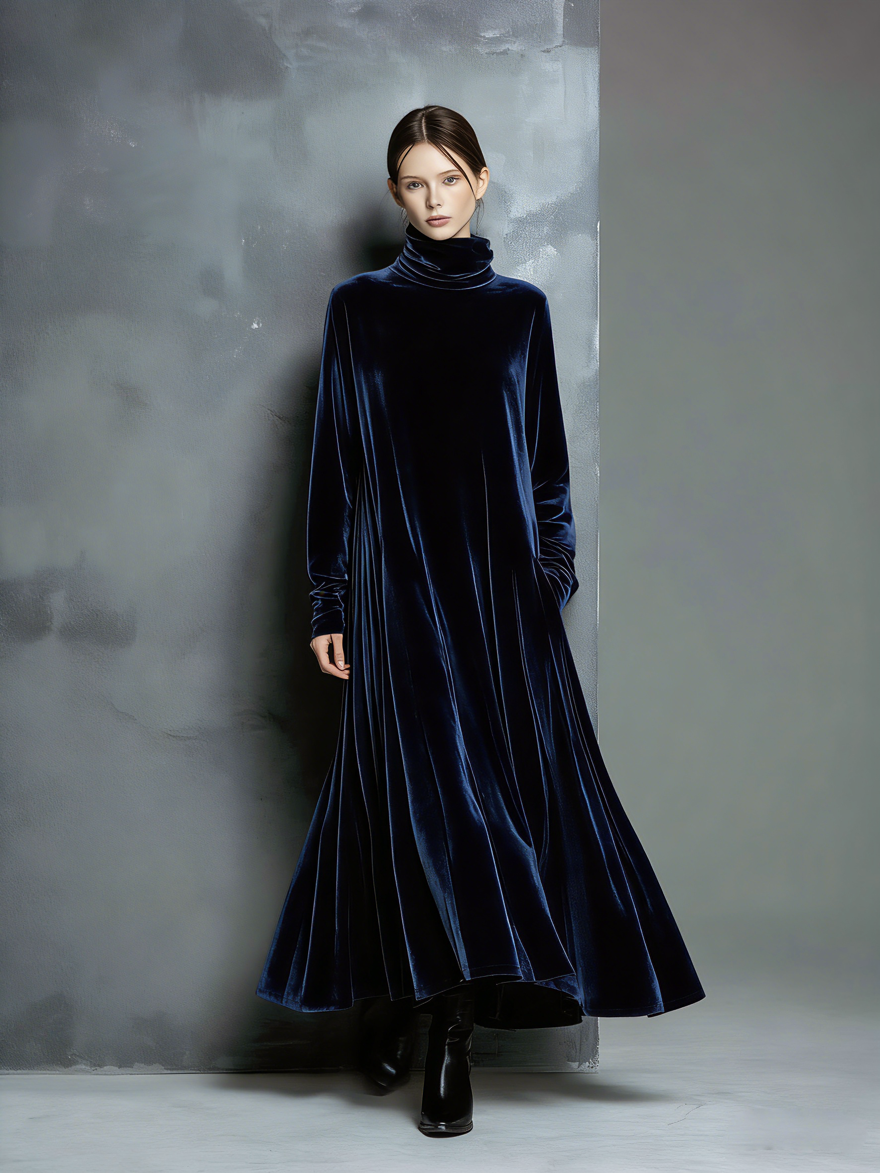 Long Maxi Dress for Women in Elegant Style in Navy Blue with High Wide Collar MDZ1680A8AN