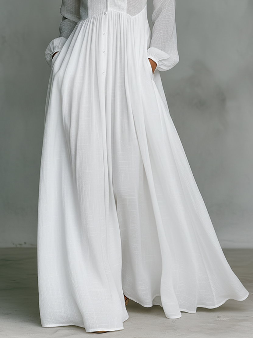 Women's Maxi Dress in Minimalist Style Made of Cotton and Linen with Puzzle Pieces, Featuring a Sturdy Collar and Long Sleeves