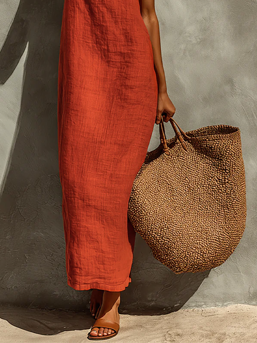 Red Cotton Dress for Women with Spaghetti Straps and Square Neckline, Timeless Boho-Resort Dress MDZ0924C3I