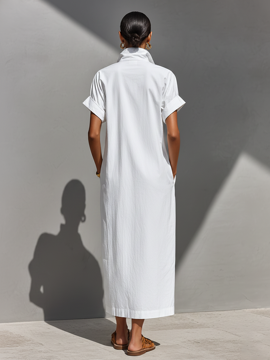 White 100% Cotton Maxi Shirt Dresses for Women with Half-Zip Collar and Rolled Sleeves, Classic Day Dress