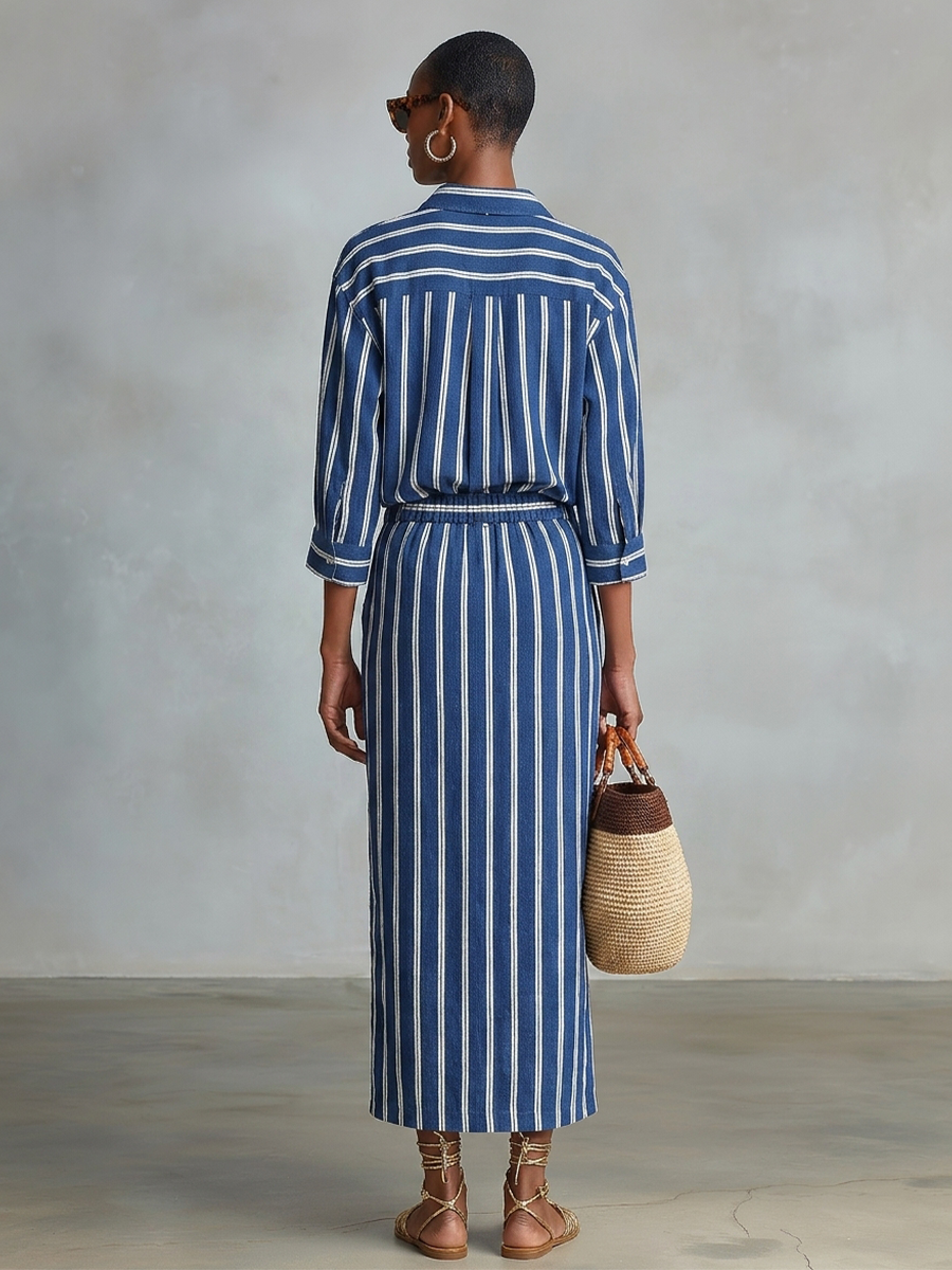 Blue Cotton Set with White Stripes for Women, Button-Up Shirt with Straight Maxi Skirt and Elastic Waist, Casual Summer Outfit
