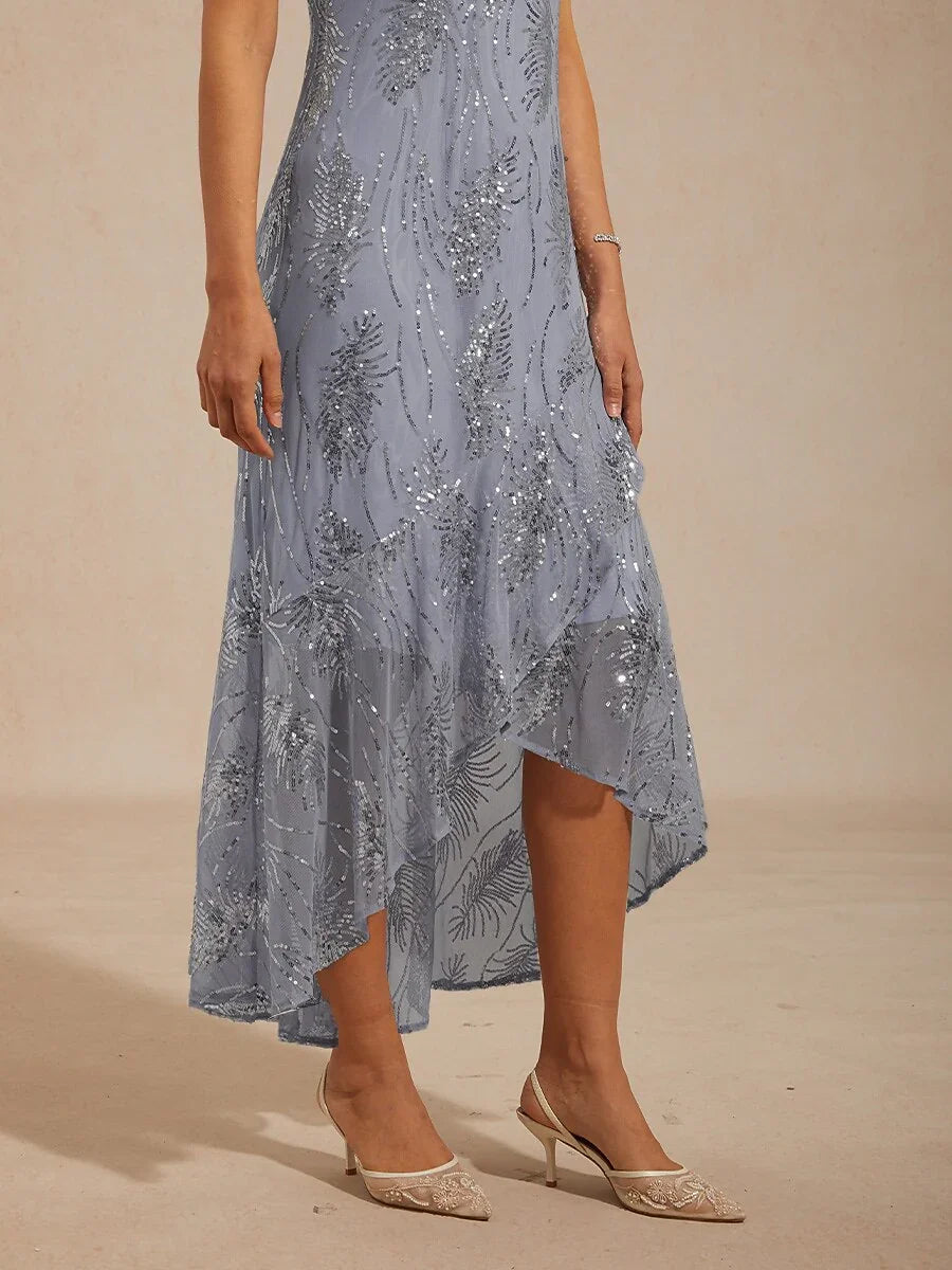 A-Line Sleeveless Maxi Dress with Sequins Overlay
