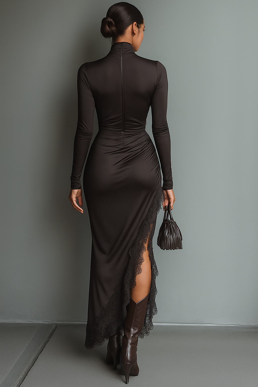 Maxi Dresses with Asymmetrical Skirt, Shiny Model, Dark Brown for Women MDA0501H1T