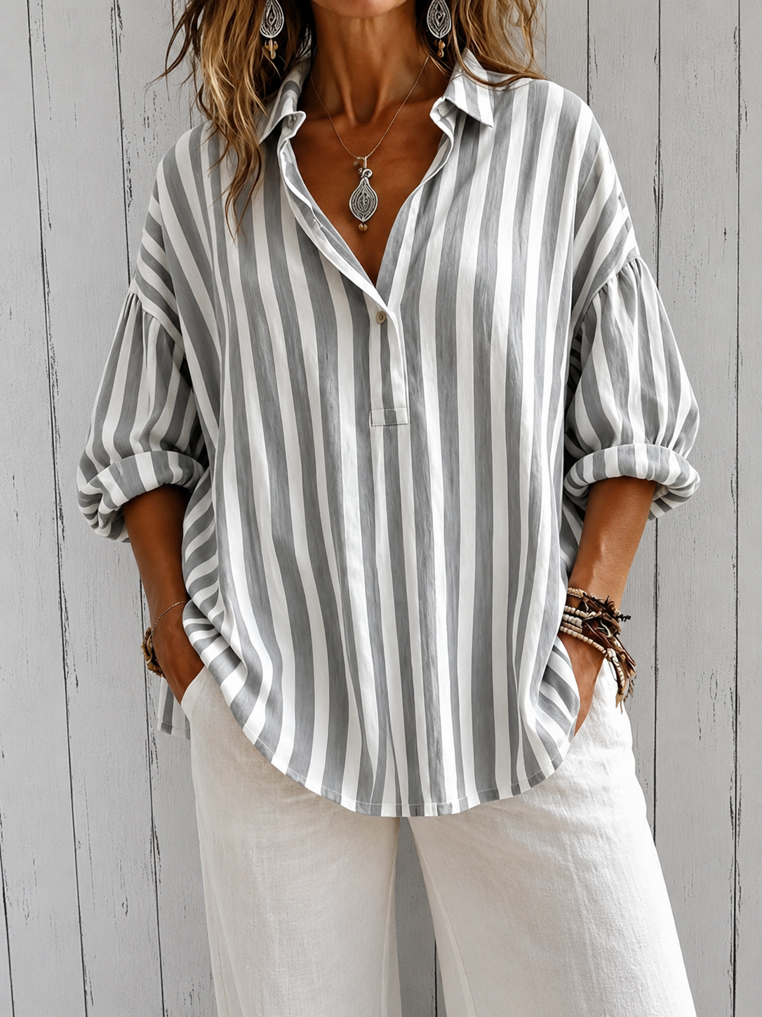 Shirt | Loose Blouse with Stripes and Collar
