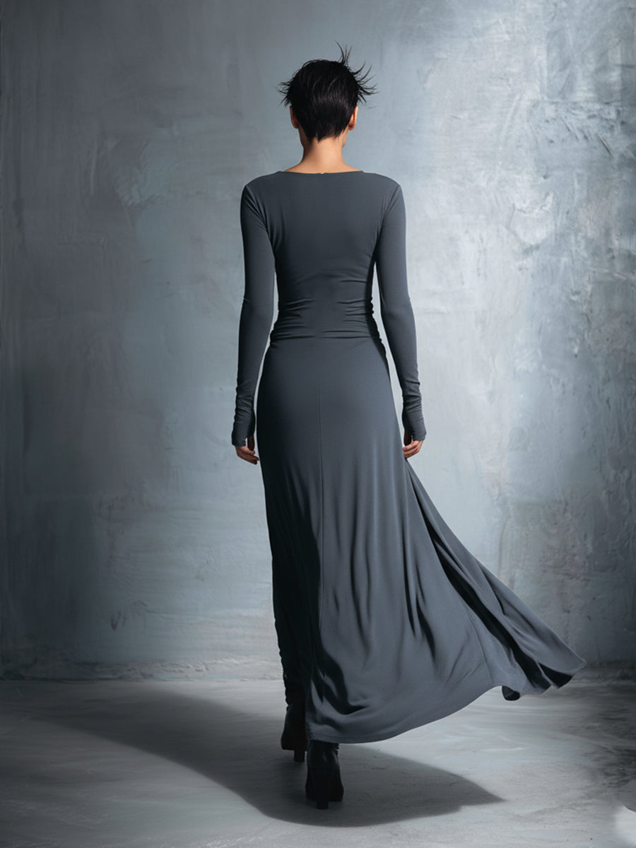 Elegant Gray Maxi Dresses for Women Made from Stretch Fabric - Maxi Dress with Tie MDA1401H9I