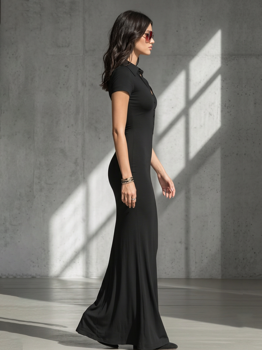 Soft Black Floor-Length Dress for Women with V-Neck and Henley Buttons, Flattering Silhouette, Modern Minimalist Casual Formal Maxi Dress MDZ2617F2LYL