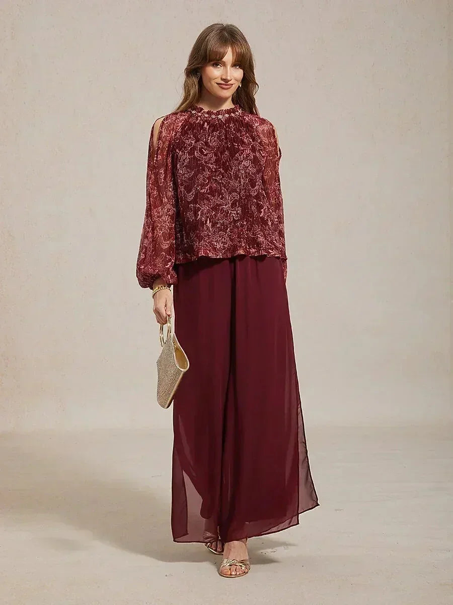 Straight Leg Pants with Chiffon Layer and Cut