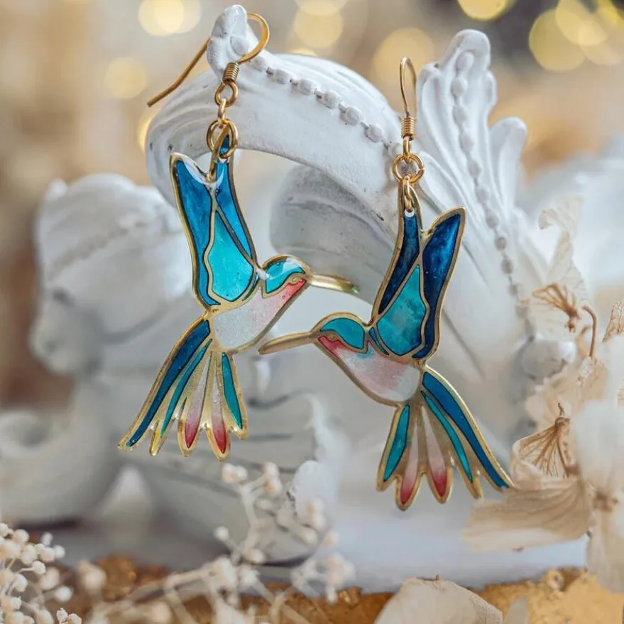 Hanging Earrings with Gold Hummingbird and Blue Enamel