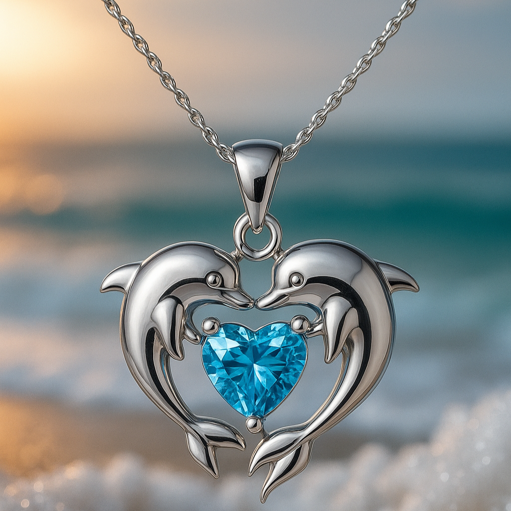 Eternal Silver Necklace with Double Dolphins and Opal