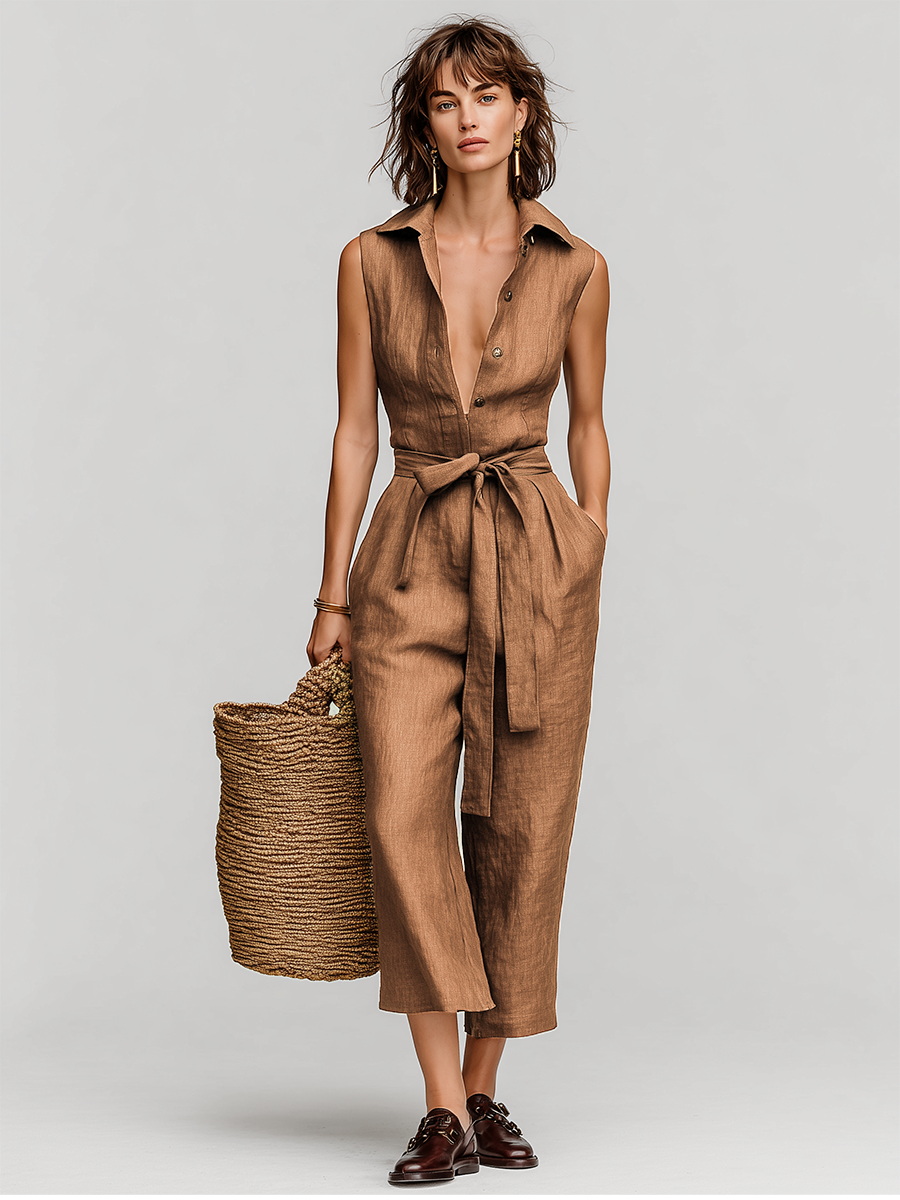 Brown Linen Jumpsuit for Women with Tie Waist and V-Neck Collar, Classic Vacation-Daily Style MDZ0638B5I