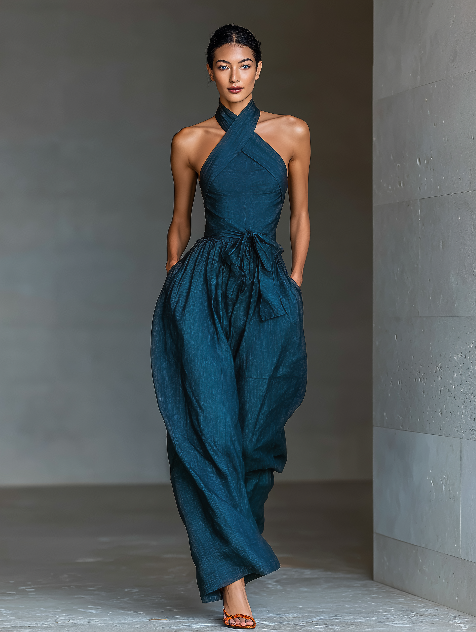 Women's Summer Dress in Dark Blue Linen Fabric with Cross Collar, Adjustable Waist, and Wide Pants MDZ0455B5T