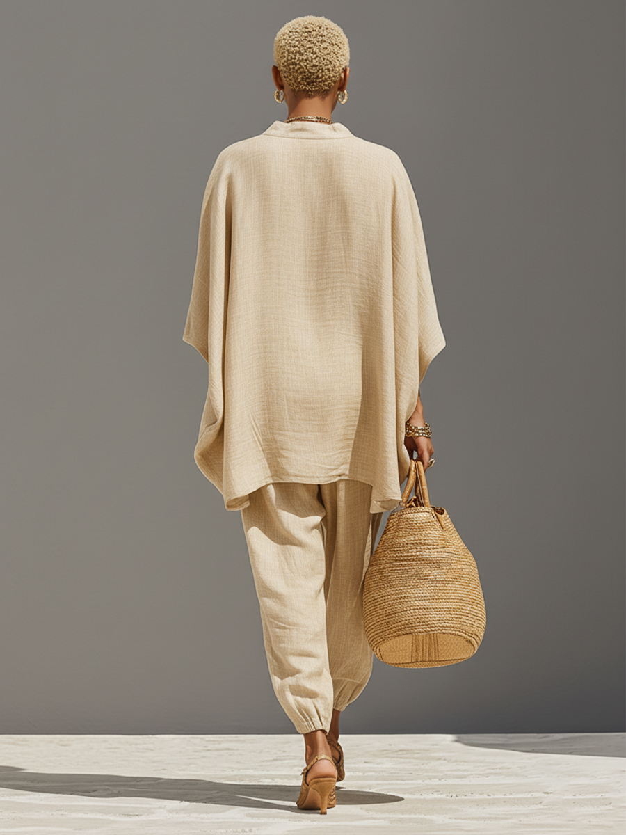 Neutral Linen Set for Women with Asymmetrical Edges and Minimalist Design, Sophisticated Everyday-Elegant Style MDZ0501B3I
