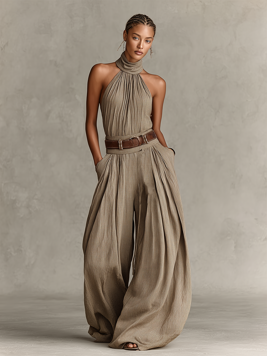 Women's Jumpsuit in Top Color with Cotton Blend, Halter Neckline and Wide Leg Silhouette, Timeless Boho-Elegant Style (No Belt) MDZ0940C3I