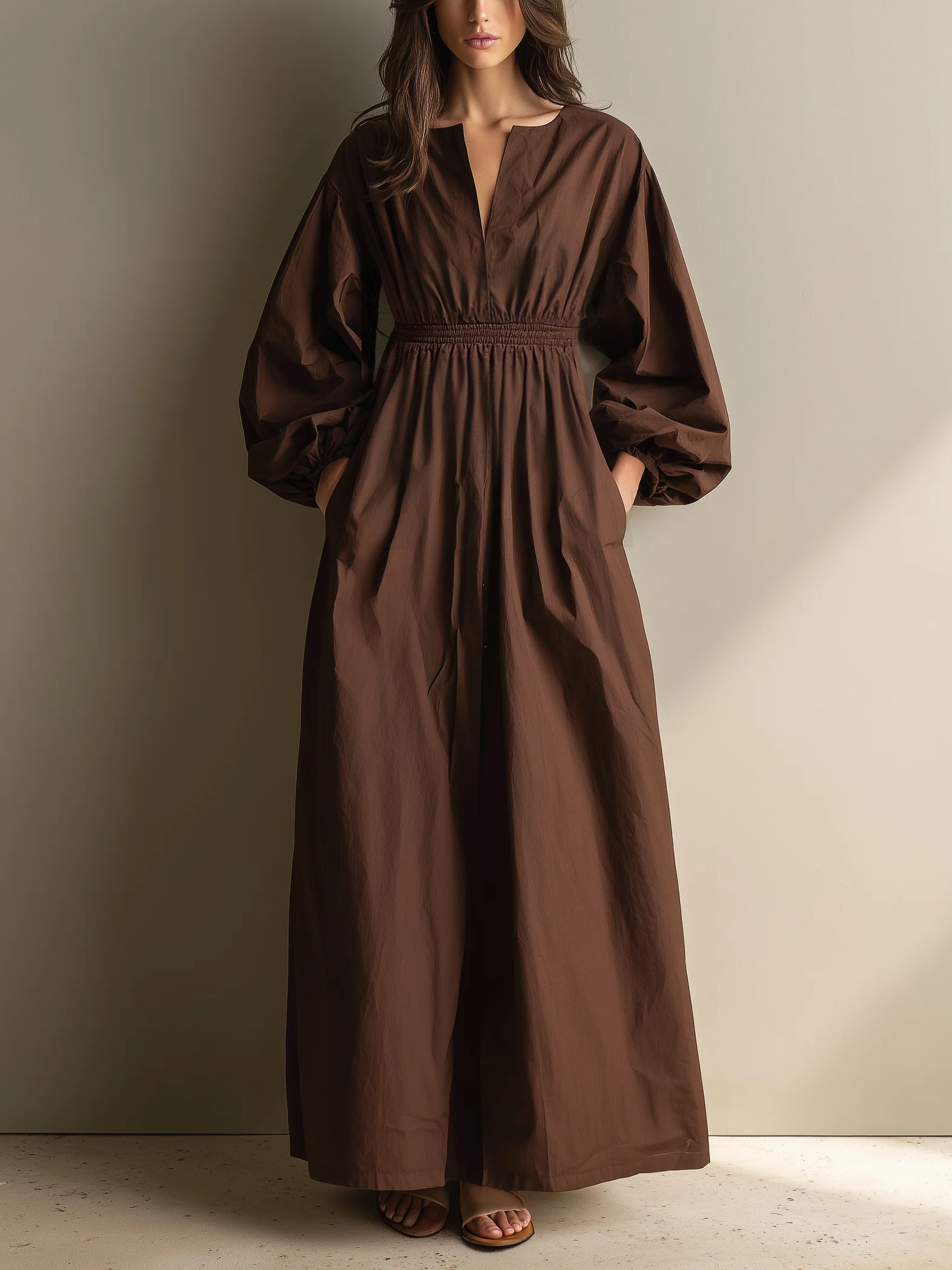 Brown Maxi Dresses for Women Made of Cotton and Linen with V-Neck and Long Sleeves, with Elastic Waist MDZ1295A0AN