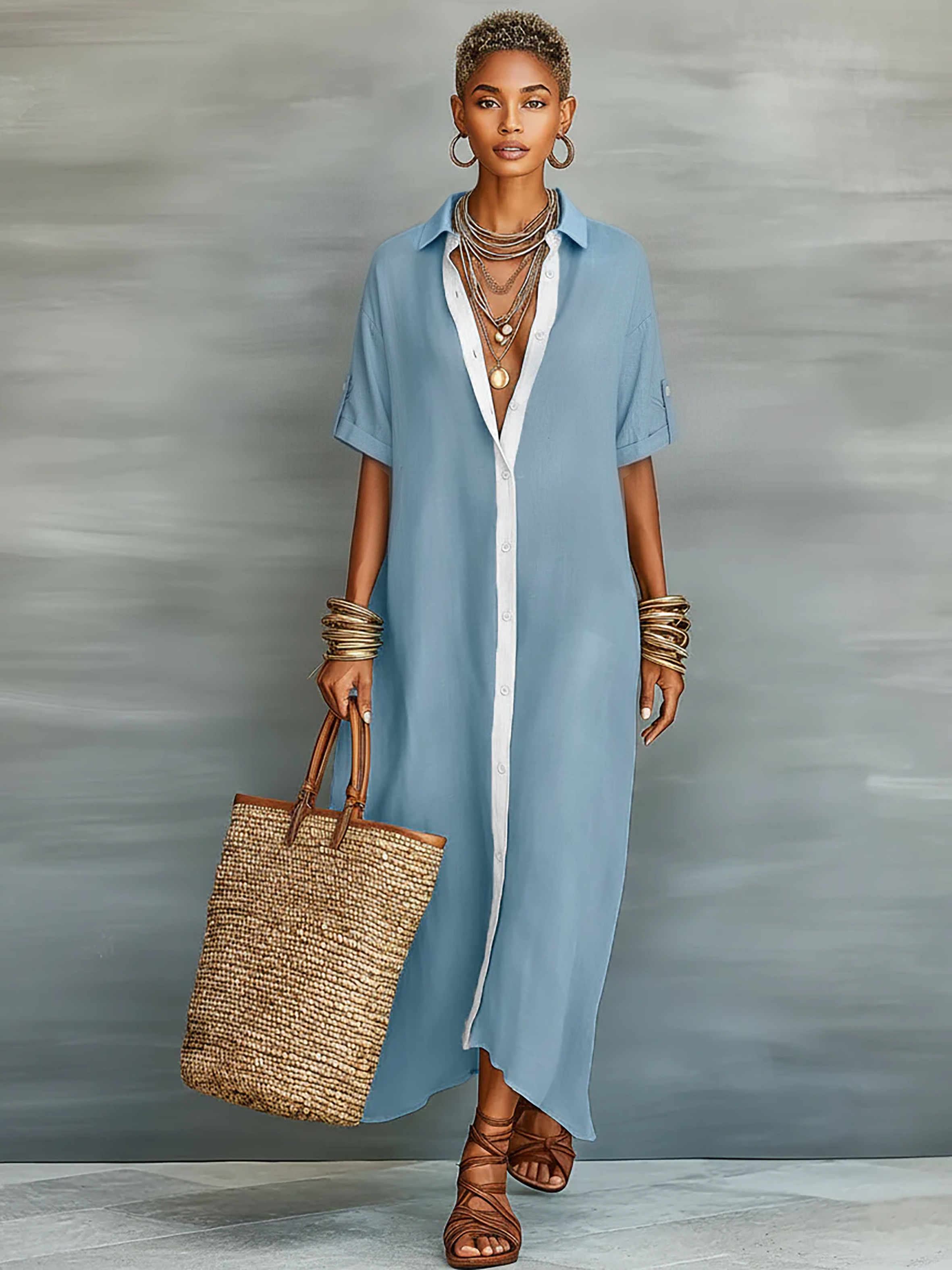 Short Maxi Dress with Short Sleeves Made of Mixed Linen for Women MDZ0647A2Y