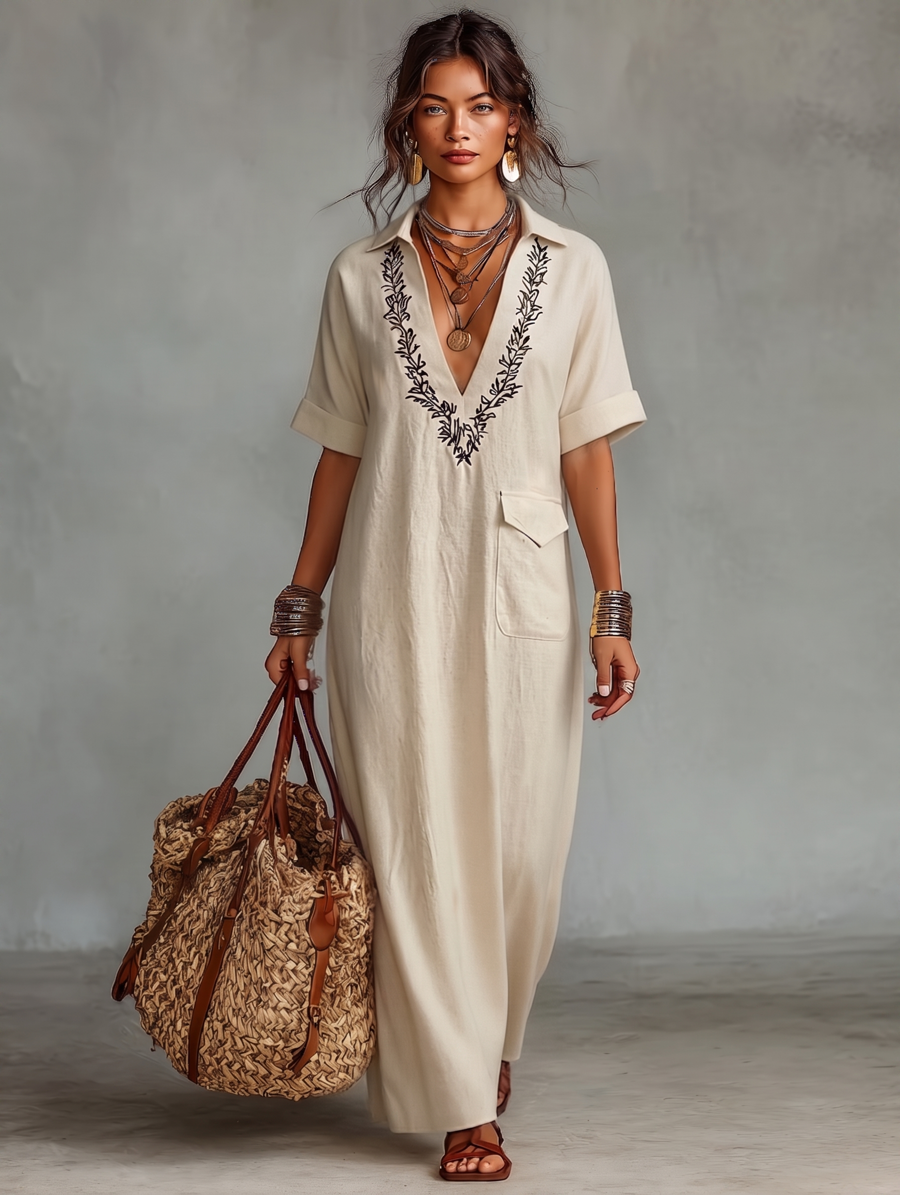 Short Sleeve Maxi Dresses for Women in Minimalist Design Made of Combined Linen MDZ0600A1Y