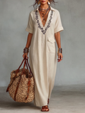 Short Sleeve Maxi Dresses for Women in Minimalist Design Made of Combined Linen MDZ0600A1Y