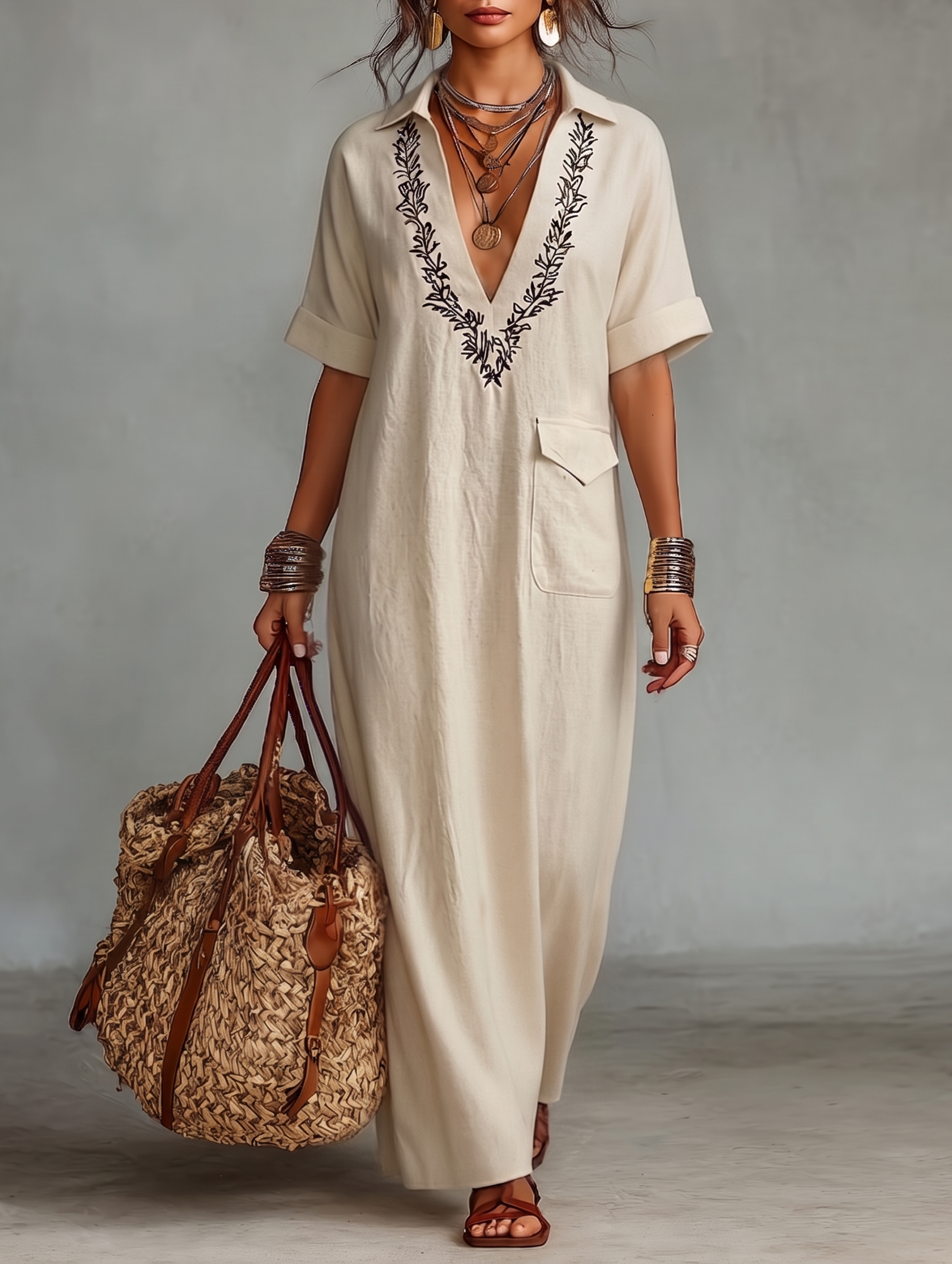 Short Sleeve Maxi Dresses for Women in Minimalist Design Made of Combined Linen MDZ0600A1Y