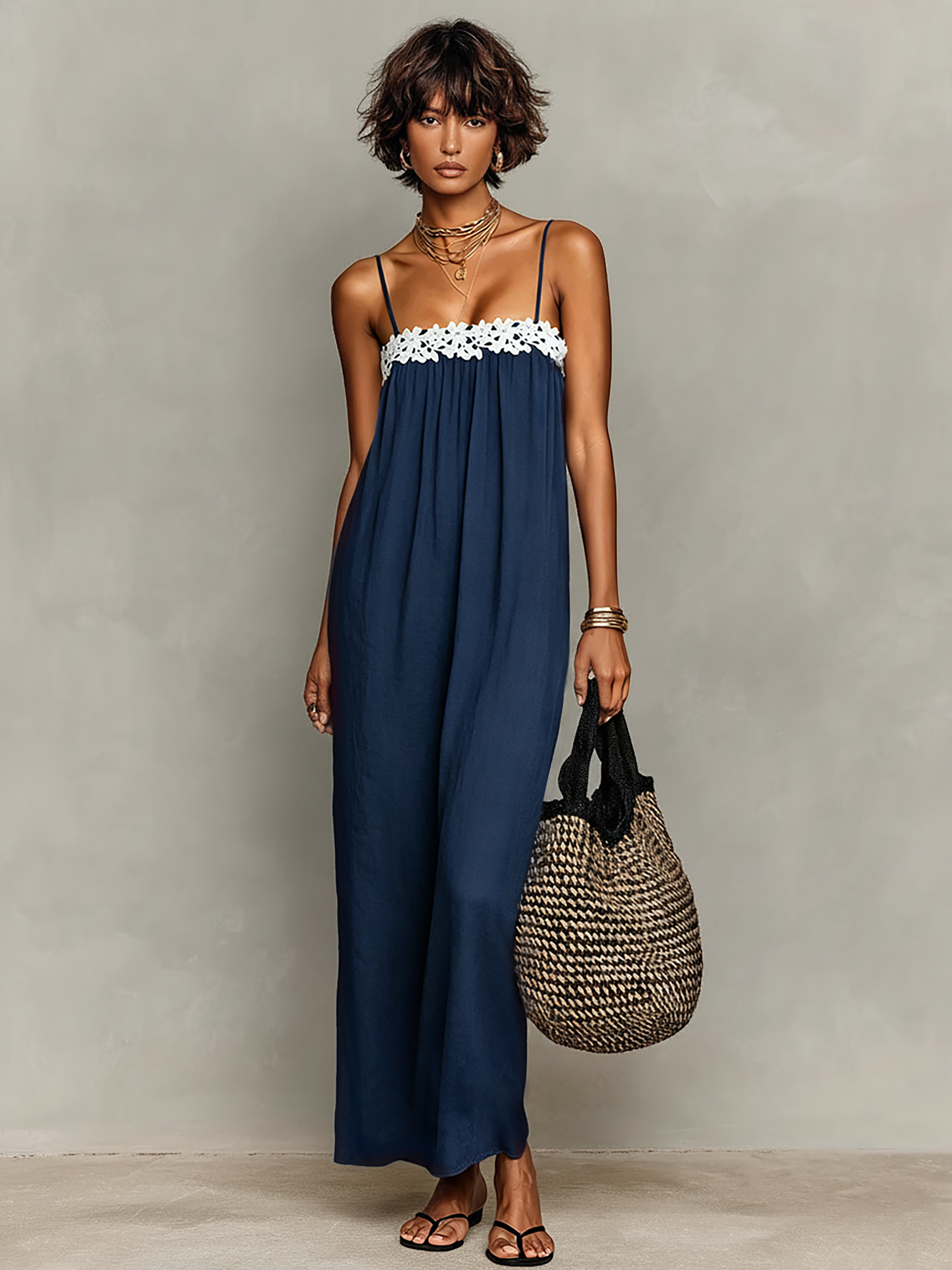 Minimalist Women's Maxi Dresses Made of Linen Fabric with Lace Panels, Strapless with Spaghetti Straps MDZ1926C9Y