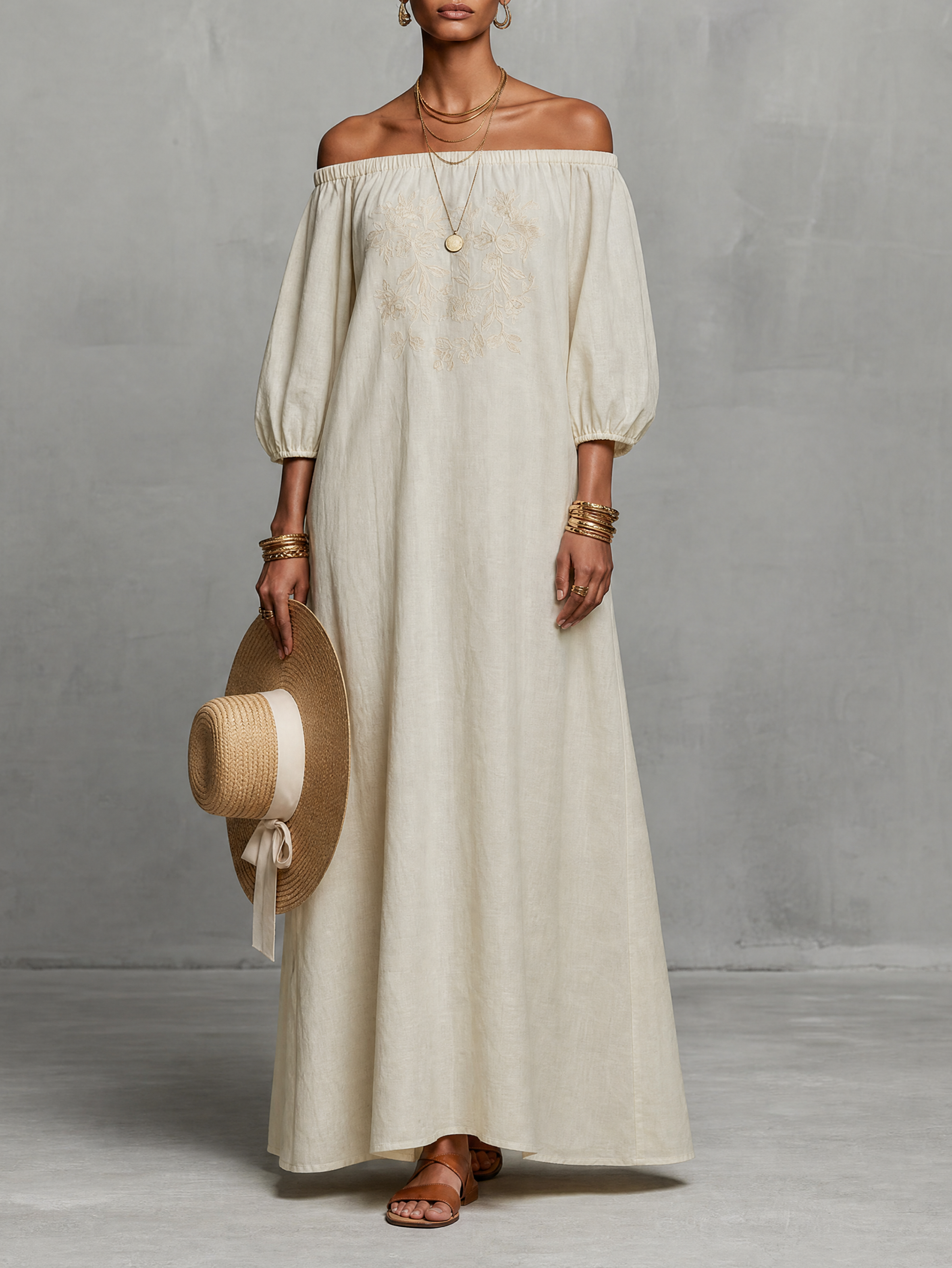 Embroidered Maxi Dress for Women in a Minimalist Look with Three-Quarter Sleeves and Off-the-Shoulder MDZ3063A3Y