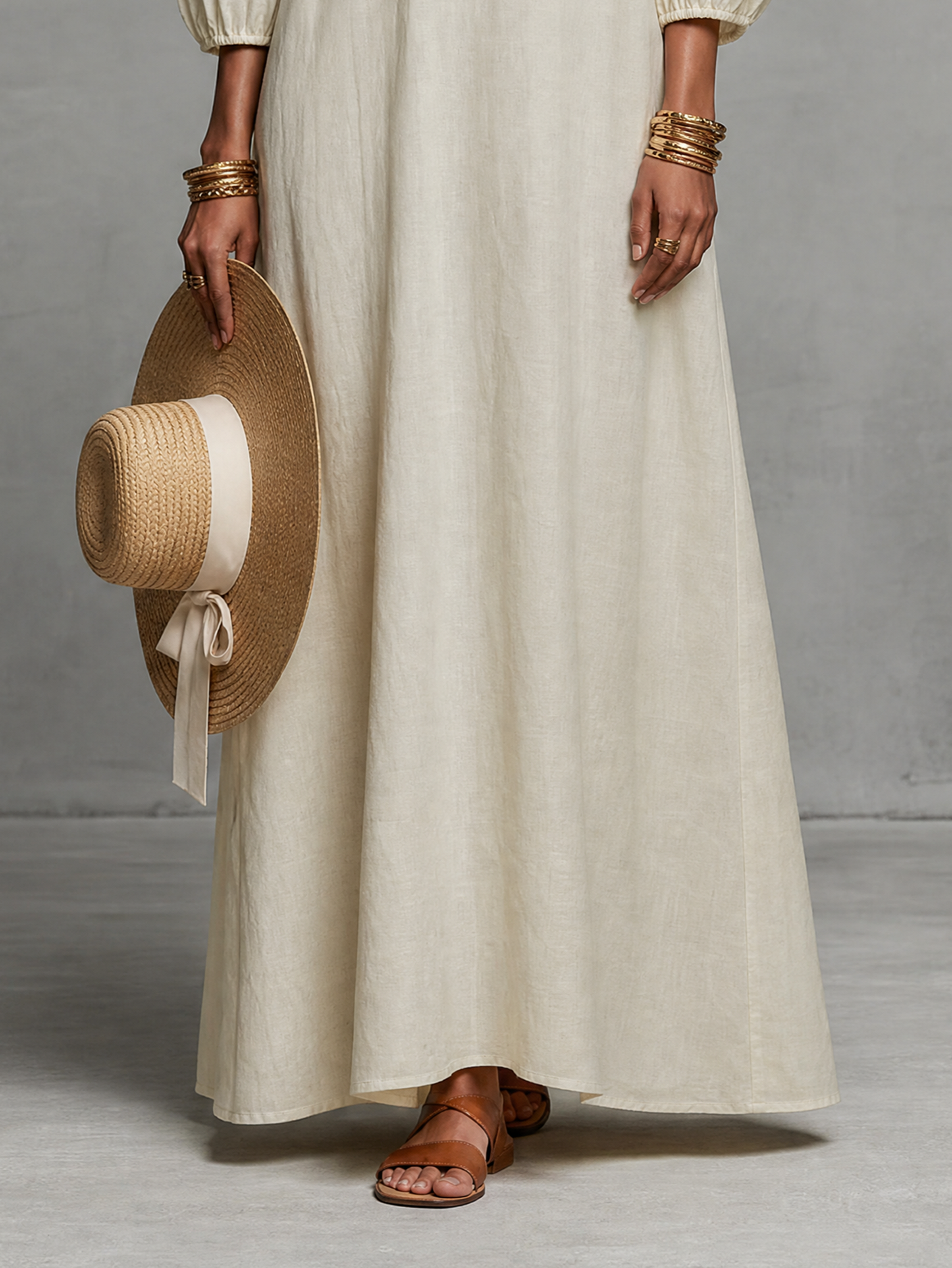 Embroidered Maxi Dress for Women in a Minimalist Look with Three-Quarter Sleeves and Off-the-Shoulder MDZ3063A3Y