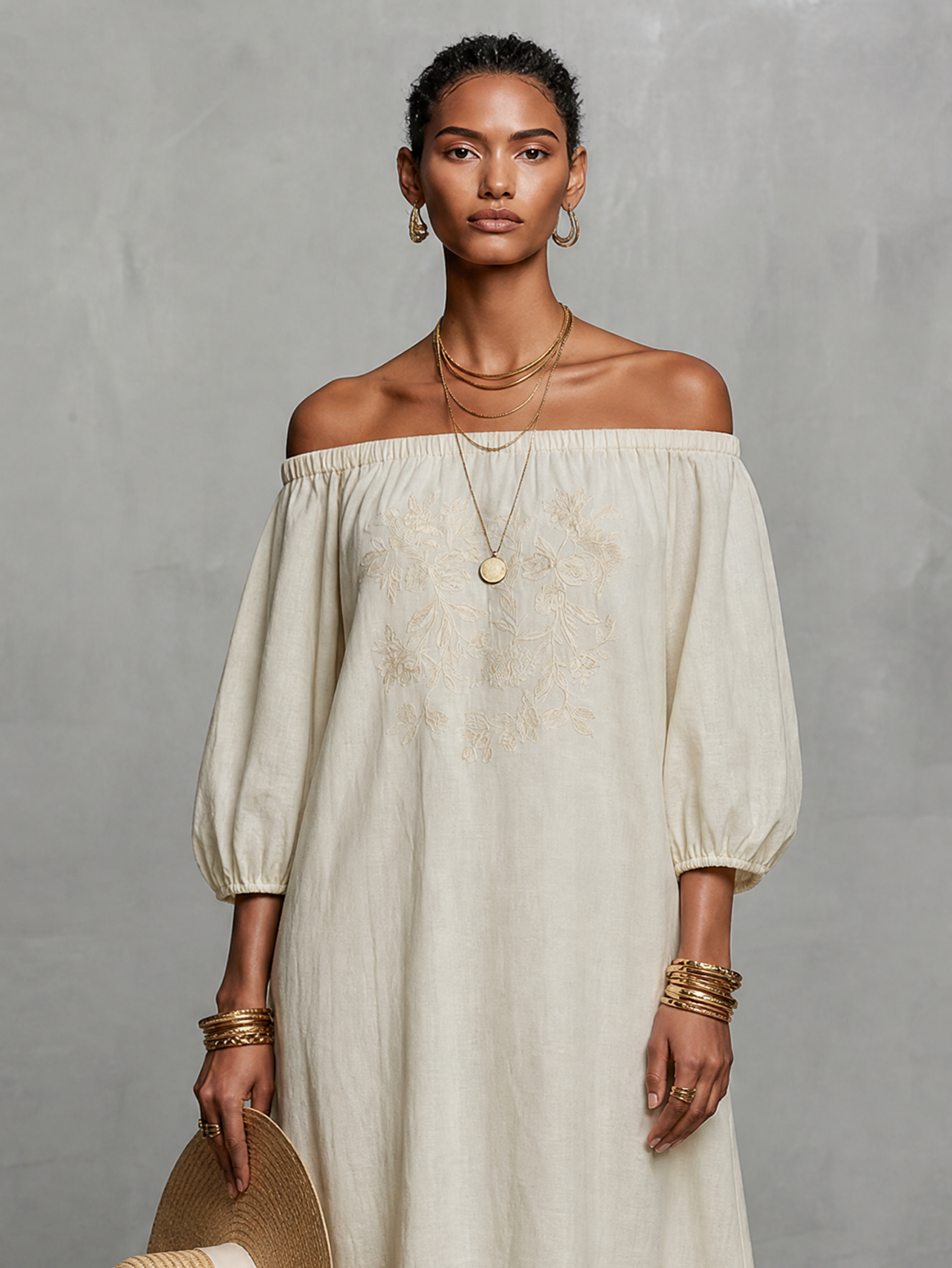 Embroidered Maxi Dress for Women in a Minimalist Look with Three-Quarter Sleeves and Off-the-Shoulder MDZ3063A3Y