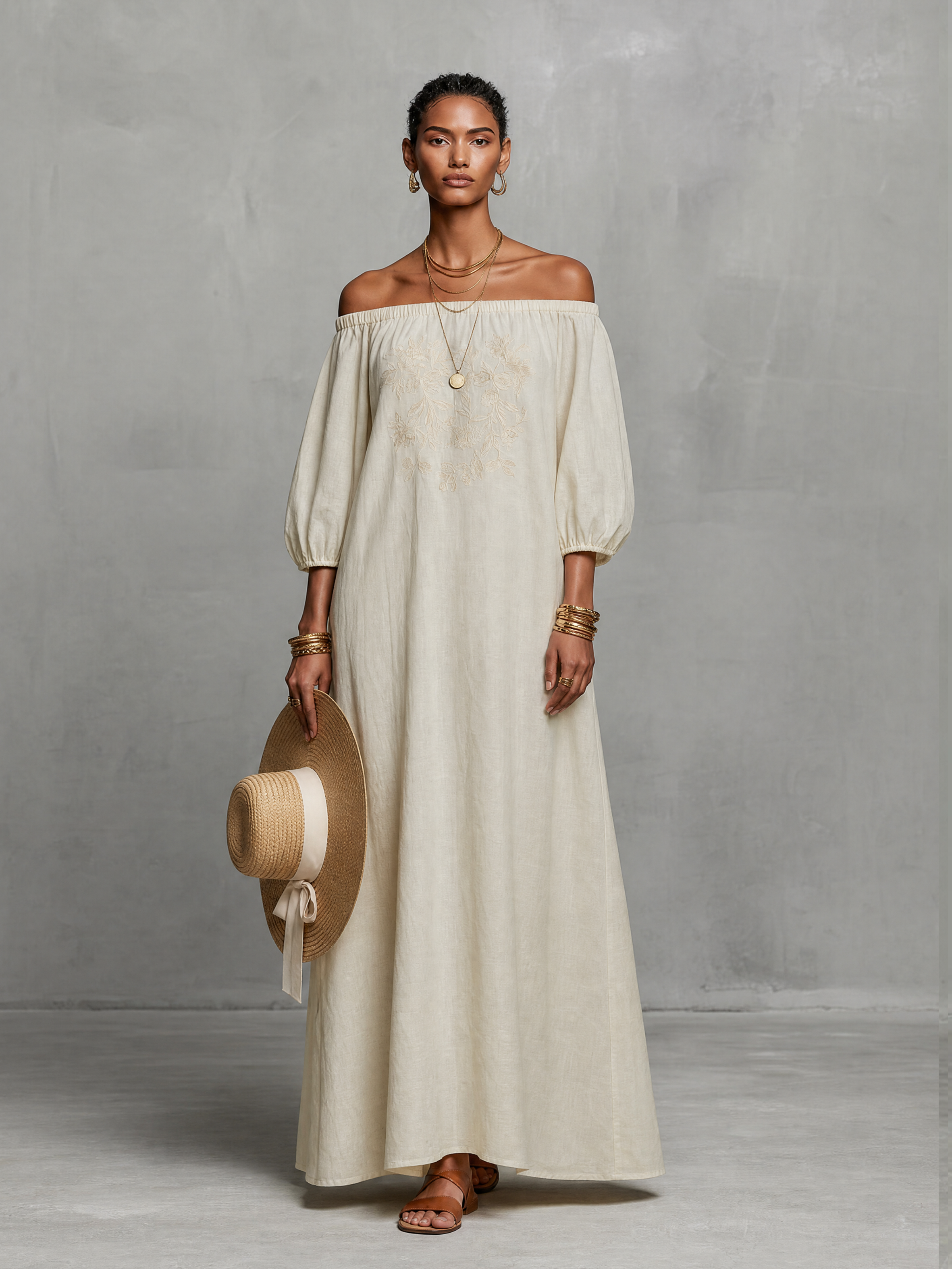 Embroidered Maxi Dress for Women in a Minimalist Look with Three-Quarter Sleeves and Off-the-Shoulder MDZ3063A3Y