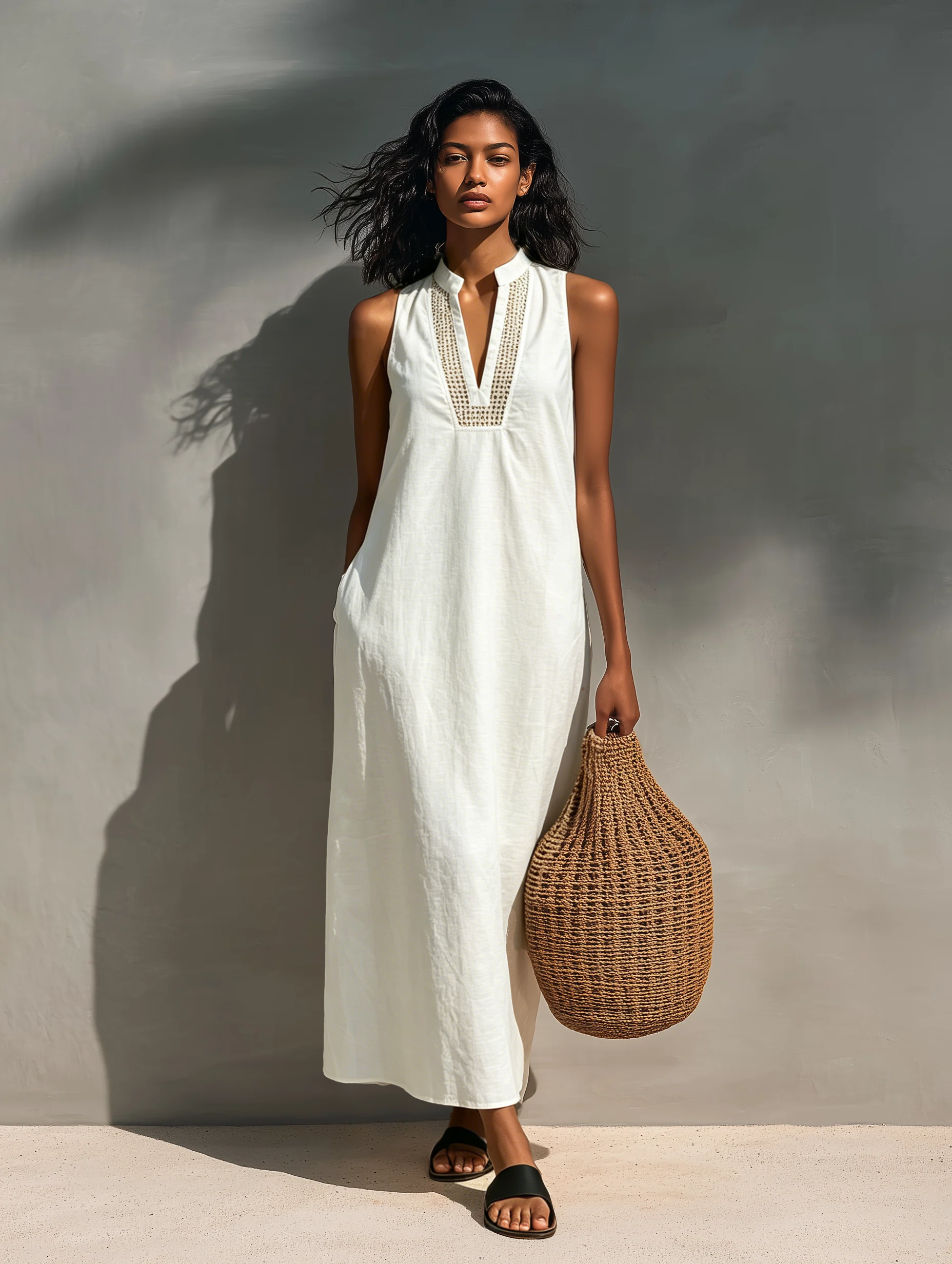 Minimalist Maxi Dress for Women with Cut Collar MDZ1206B6Y