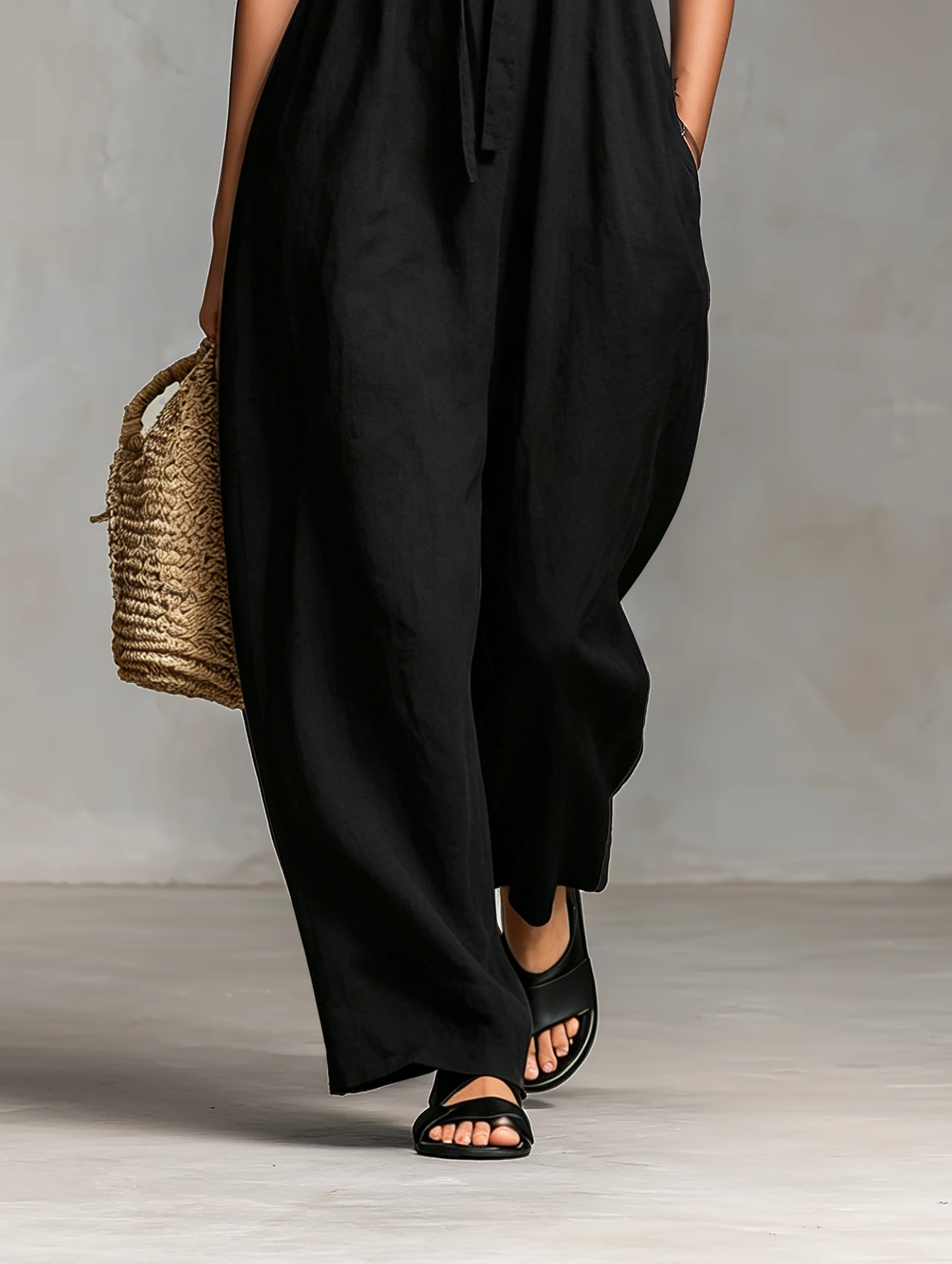 Loose Fit Linen Women's Jumpsuit with Tie Closure MDZ2024A9Y