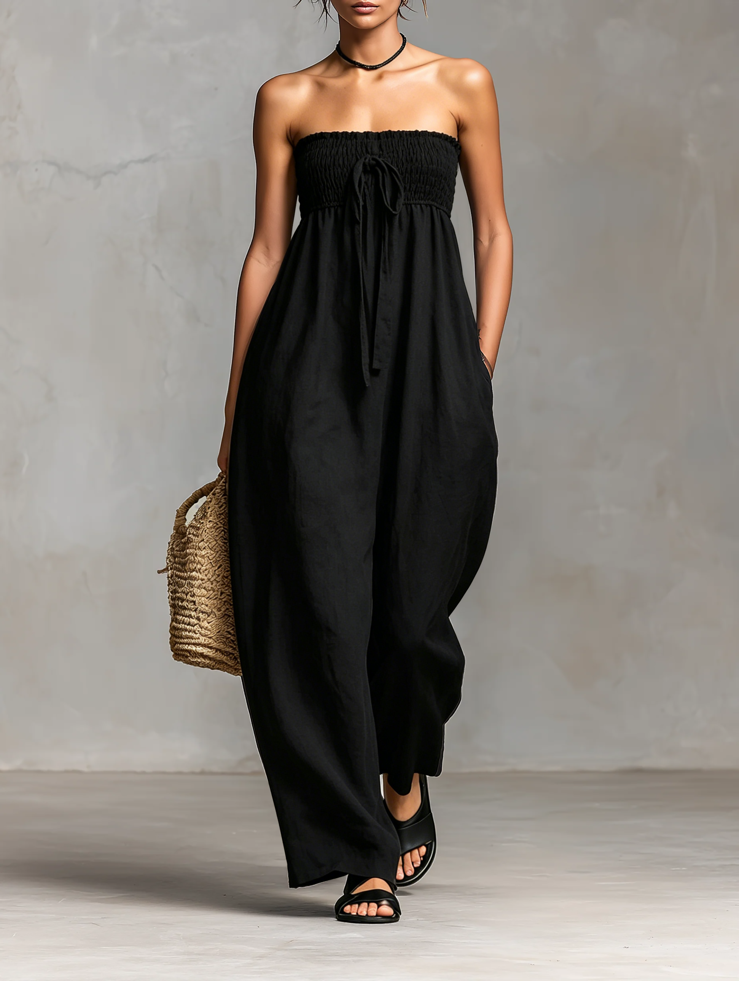 Loose Fit Linen Women's Jumpsuit with Tie Closure MDZ2024A9Y