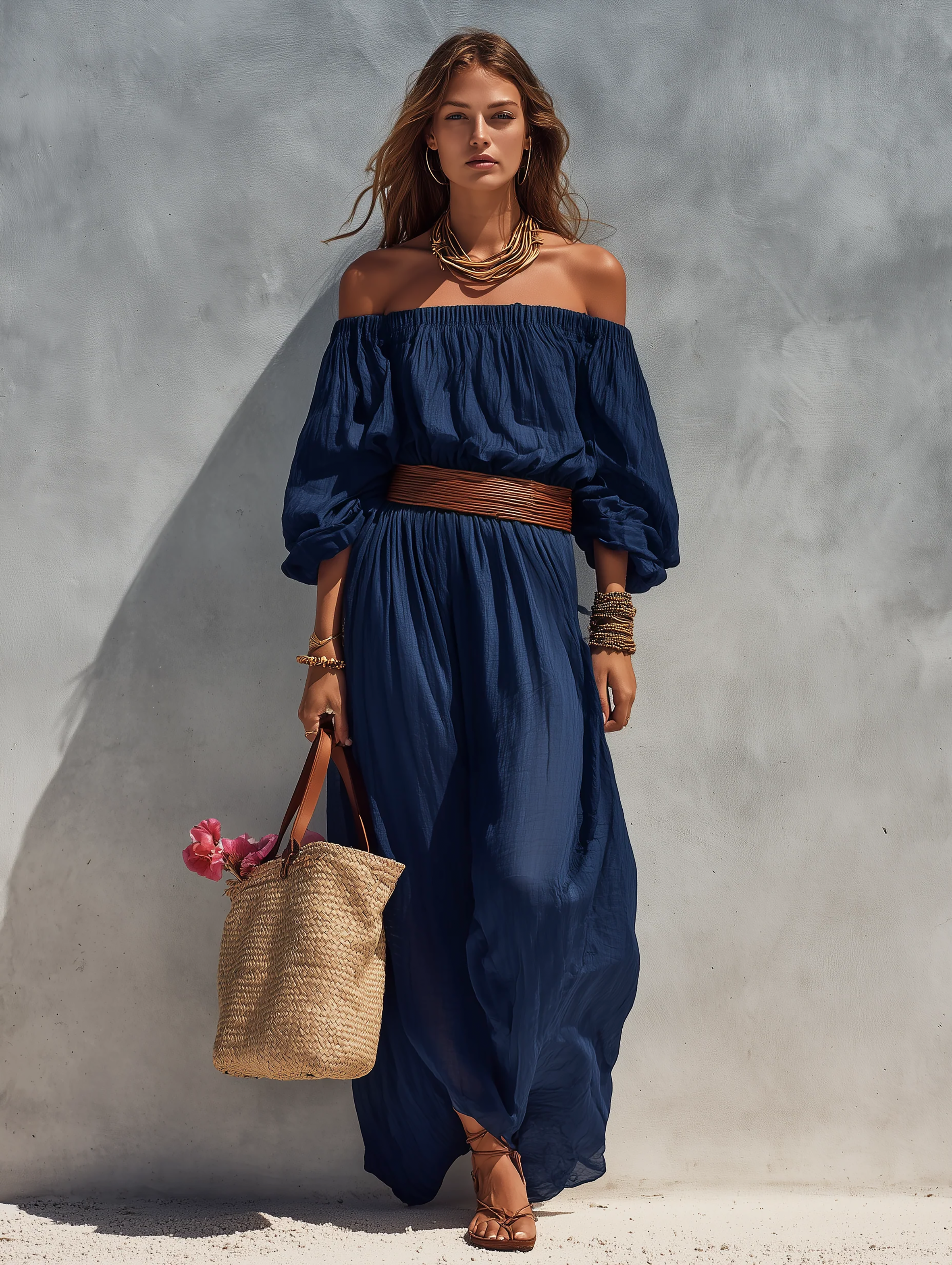 Women's Summer Dress in Dark Blue Made of Cotton and Linen, Strapless with Long Sleeves (Belt Not Included) MDZ1281C1AN