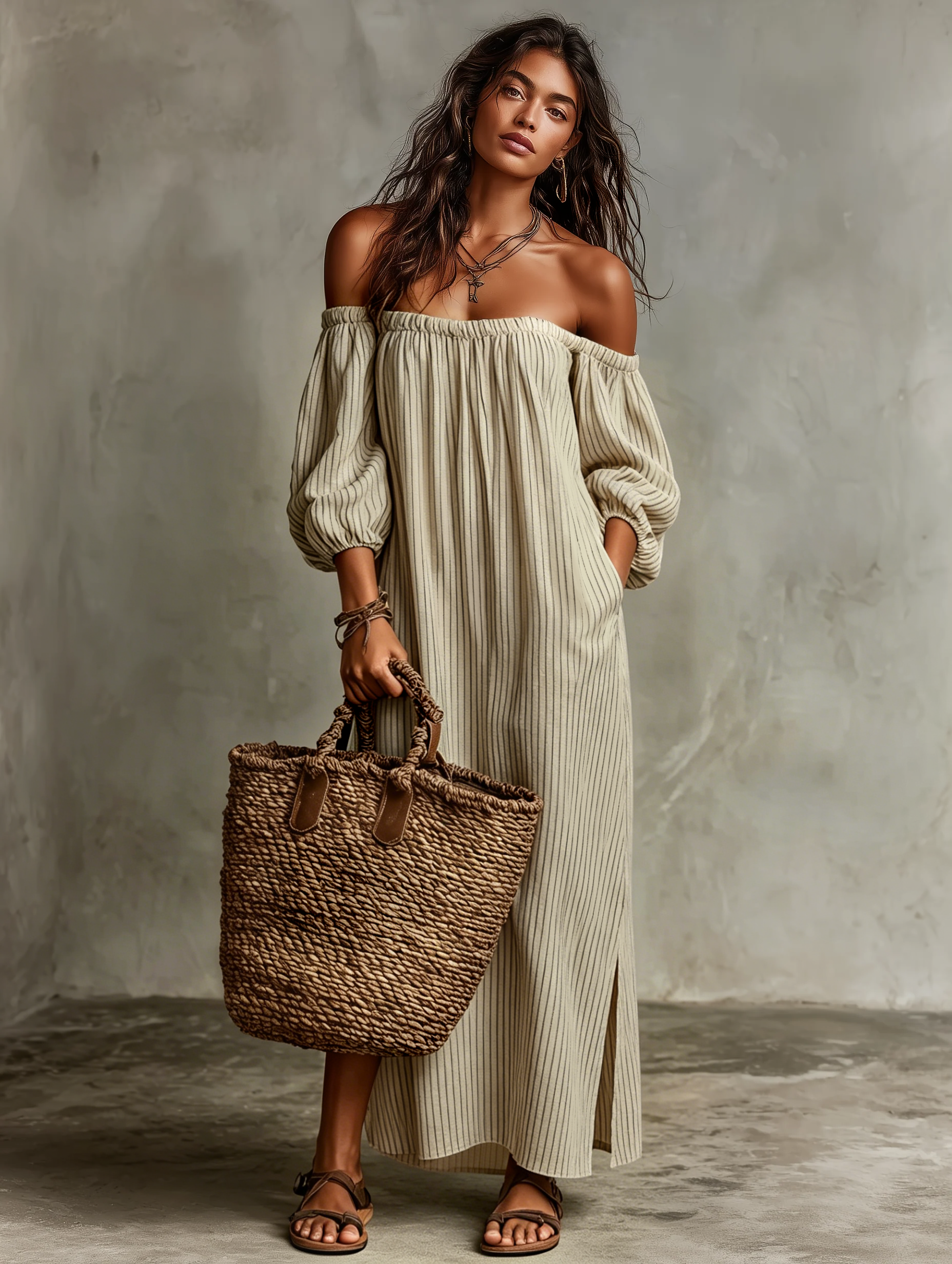 Long Maxi Dress with Long Sleeves and Off-the-Shoulder Design for Women in Cotton-Linen Fabric MDZ0481B5Y