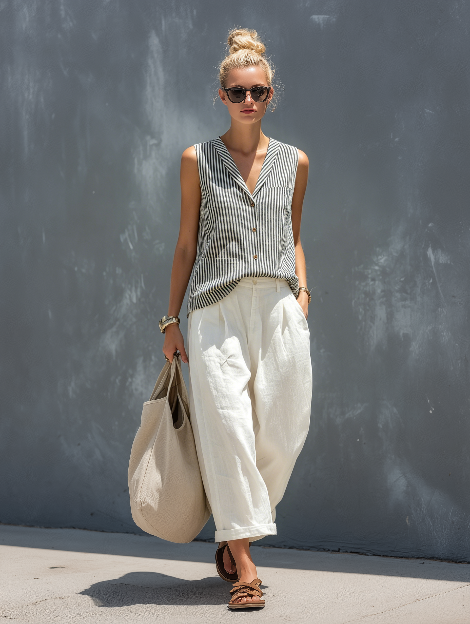 Striped Knit Tank Top for Women with Sleeveless Design Combined with White Cotton-Linen Pants Set MDZ2815B5AN