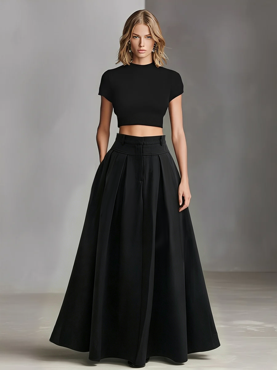 Women's Black Set with Short Top and Maxi Dress, Elegant-Classical Style (Without Belt) MDZ1412A1I